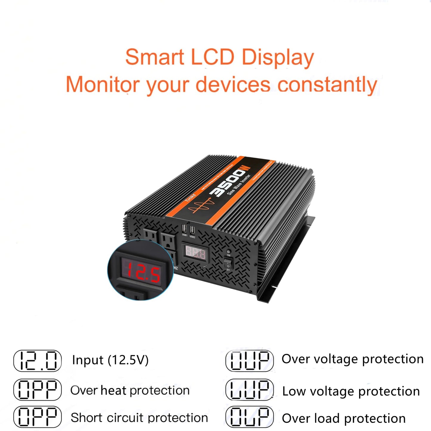 TVNIKD 3500W Pure Sine Wave Inverter 12V to 120V with 4 Power Outlets for RV Solar Power