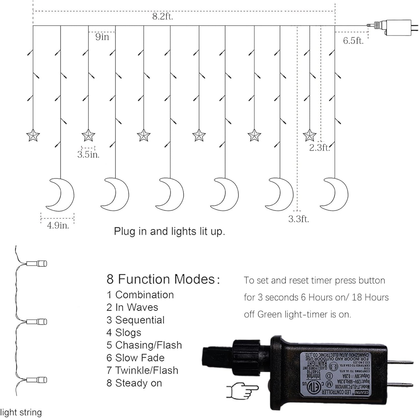 TW SHINE Star & Moon Curtain String Lights - 138 LED, 8.2 FT, Waterproof with 8 Modes & Timer for Ramadan Decor