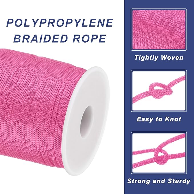 MECCANIXITY 1/12 Inch Polypropylene Rope Braided Ropes, 328ft Nylon Rope Hollow Utility Cord for Clothesline, Camping, Hiking, Outdoor, Pink