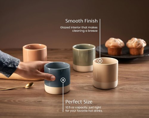 KooK Latte Cups - Artisanal Ceramic Stoneware | Handle-Free Japanese Tea Cups, 10.5 oz, Set of 4