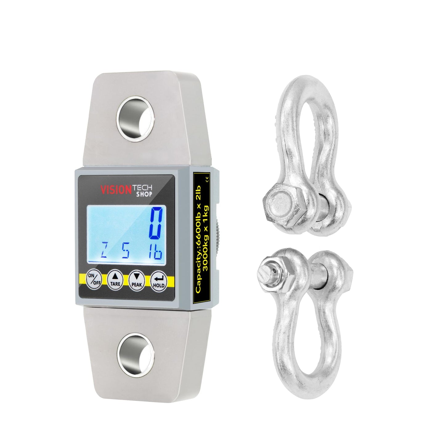 VisionTechShop Crane Scale, Dynamometer for Force, Tension and Weight, VTS-CDY 6600lb/3000kg Lb/Kg Switchable, Heavy Duty Compact Hanging Scale, LCD Display with Backlight, 2 Shackles