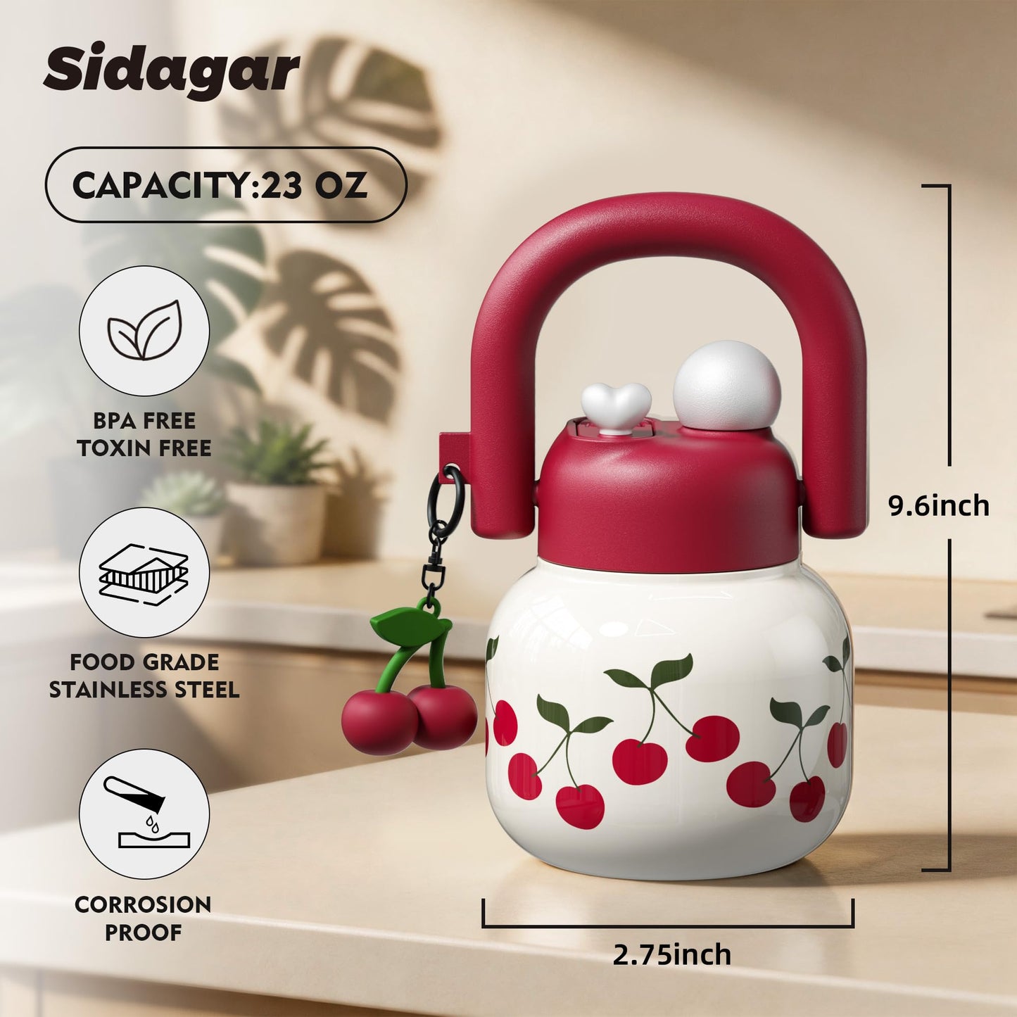 Sidagar 22 oz Tote Water Bottle with Straw and Carry Handle, Wide Mouth Vacuum Insulated Stainless Steel Tumbler, Travel Water Jug for Women Easy Carry, Cherry
