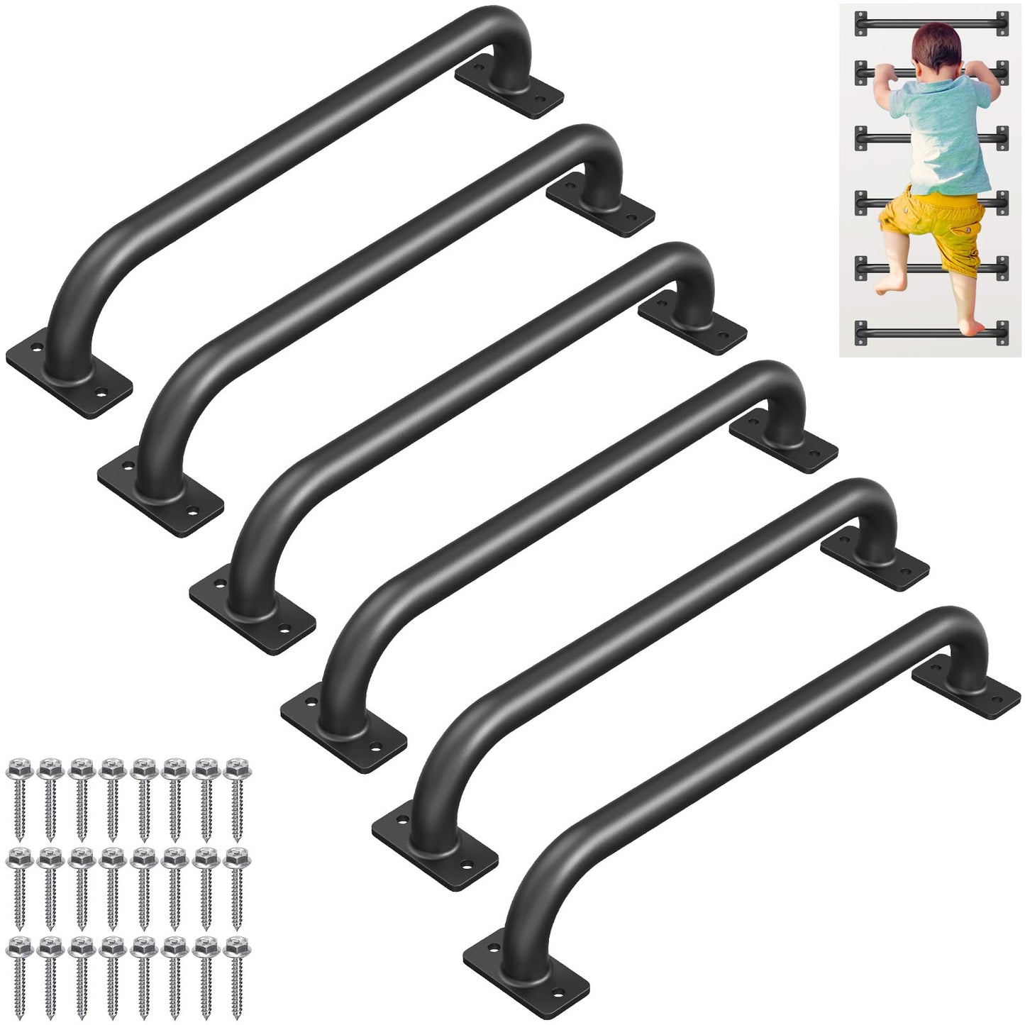 SELEWARE 17 Inch Metal Playground Handles, Heavy Duty Monkey Bars Handles, Playset Safety Handles, Indoor/Outdoor Grab Bars for Playground, Jungle Gym, Climbing Frame, Treehouse (6 Pack, Black)