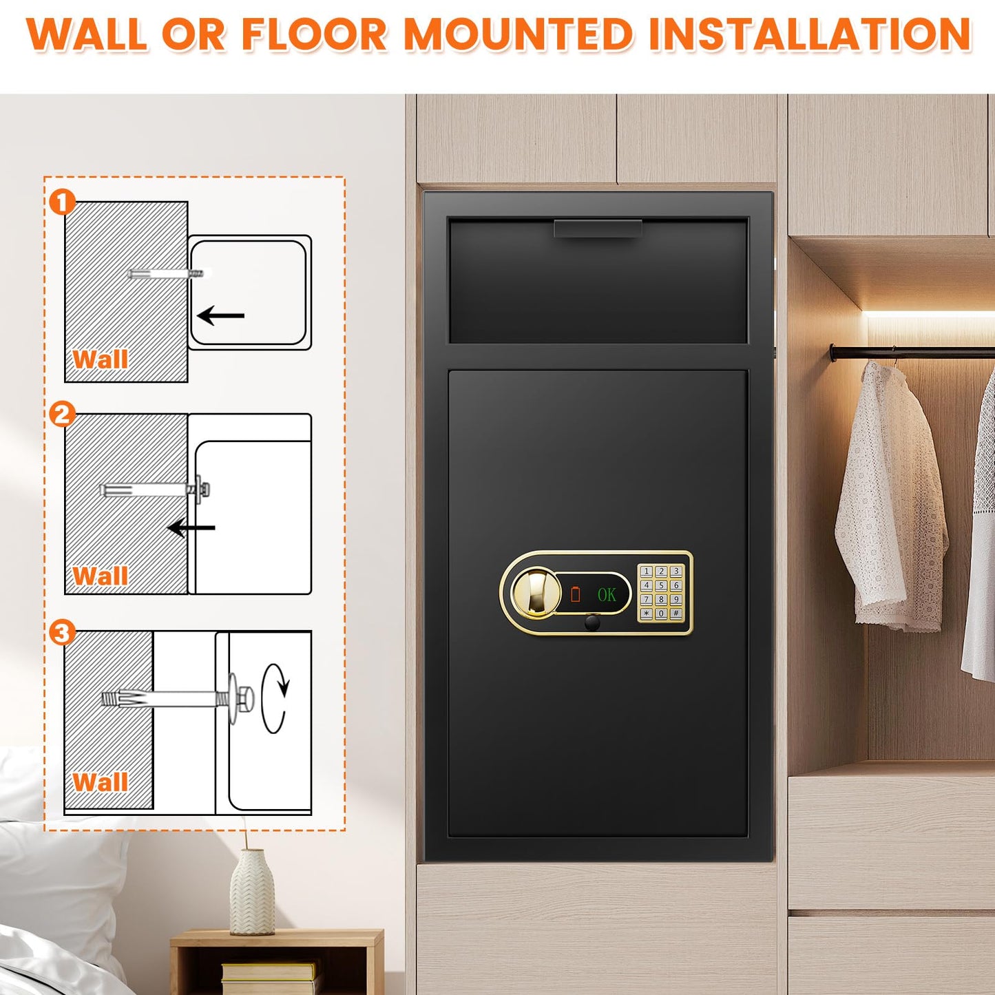 31.5"H Large Drop Safe Box for Business, Anti-Theft Depository Safe with Drop Slot, Digital Keypad, Spare Key and Removable Shelf, Heavy-duty Commercial Safes for Business Cash Documents Home