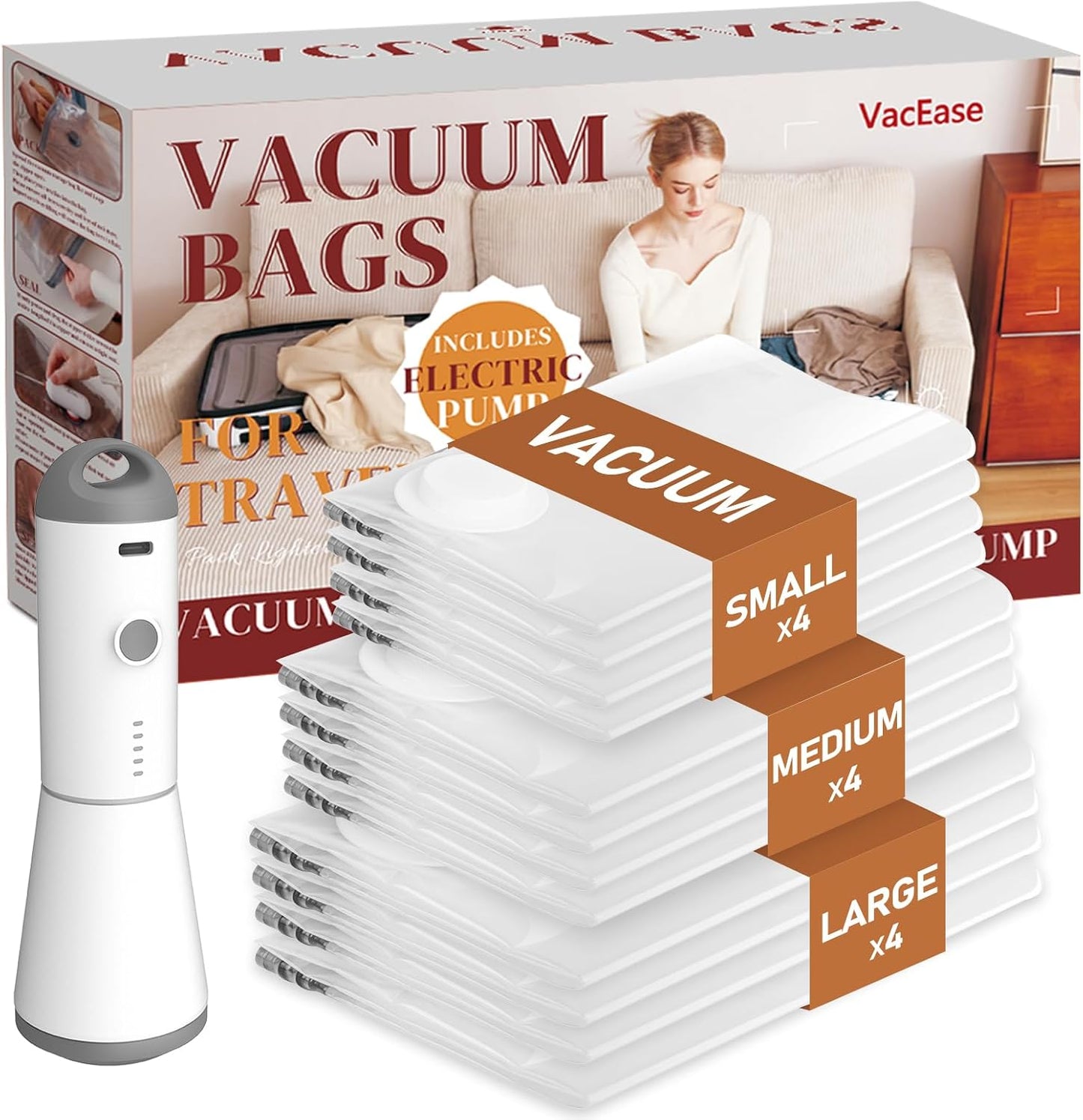 Vacbird Vacuum Storage Bags - 12 Pack with Rechargeable Cordless Pump | Compression Packing for Clothes, Blankets & Pillows