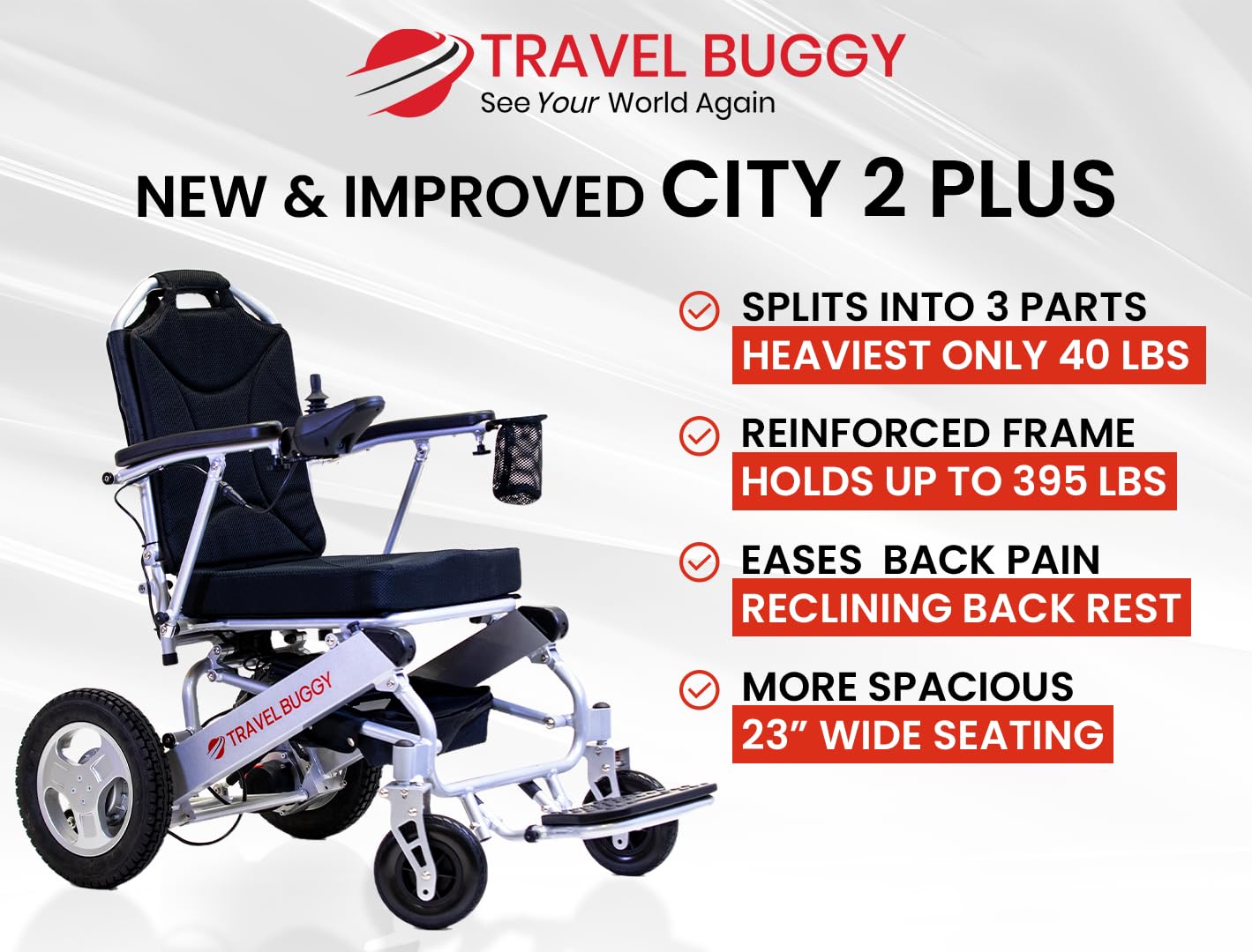 Travel Buggy Electric Wheelchair City 2 Plus, Lightweight, Foldable, Portable, Weight Capacity 395lbs, Air Travel Friendly - Ships from and Serviced in USA (Silver, with Caregiver Control)
