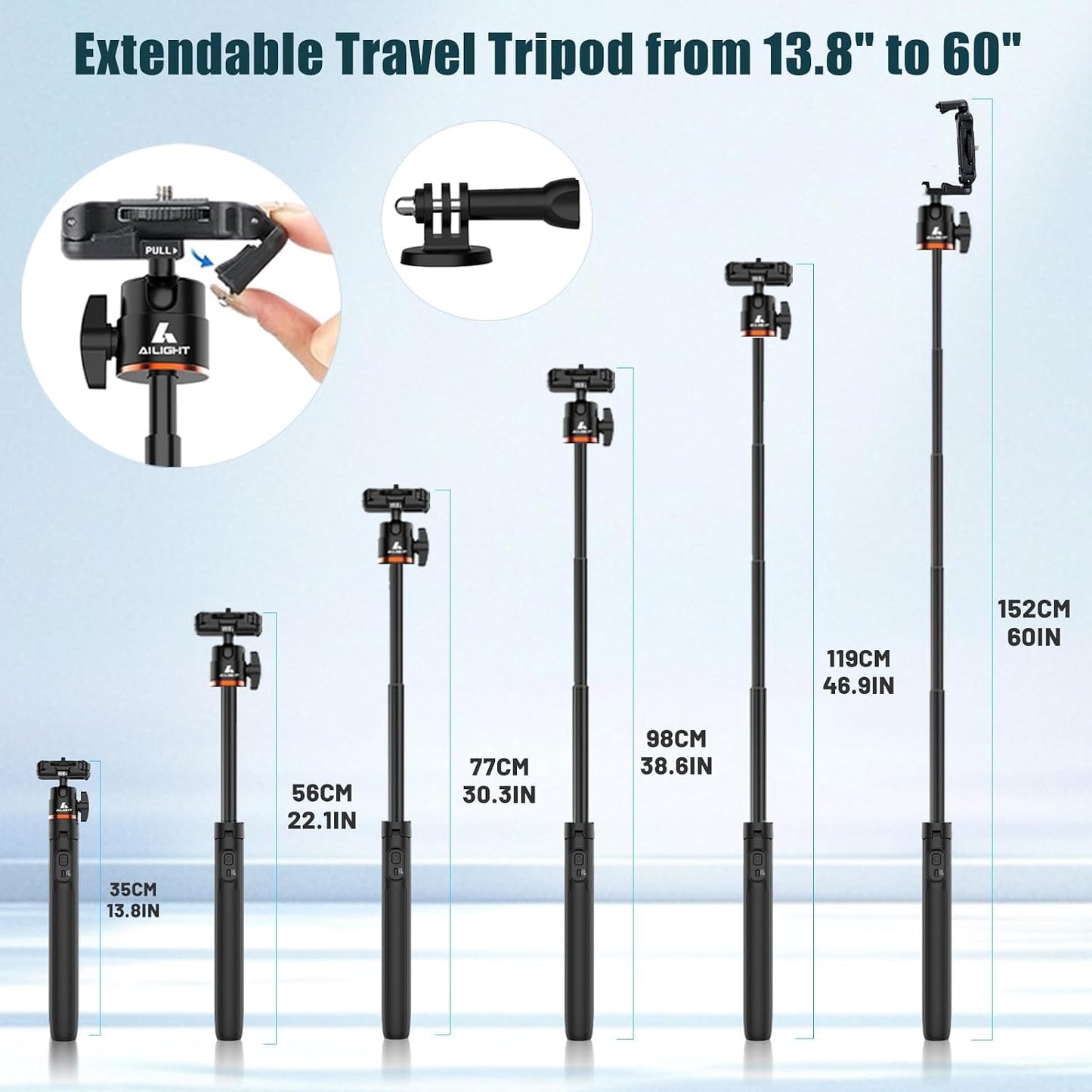 ailight 60" 360 Extendable Travel Tripod & Selfie Stick with Cold Shoe & Wireless Remote, Ball Head for Vlogging