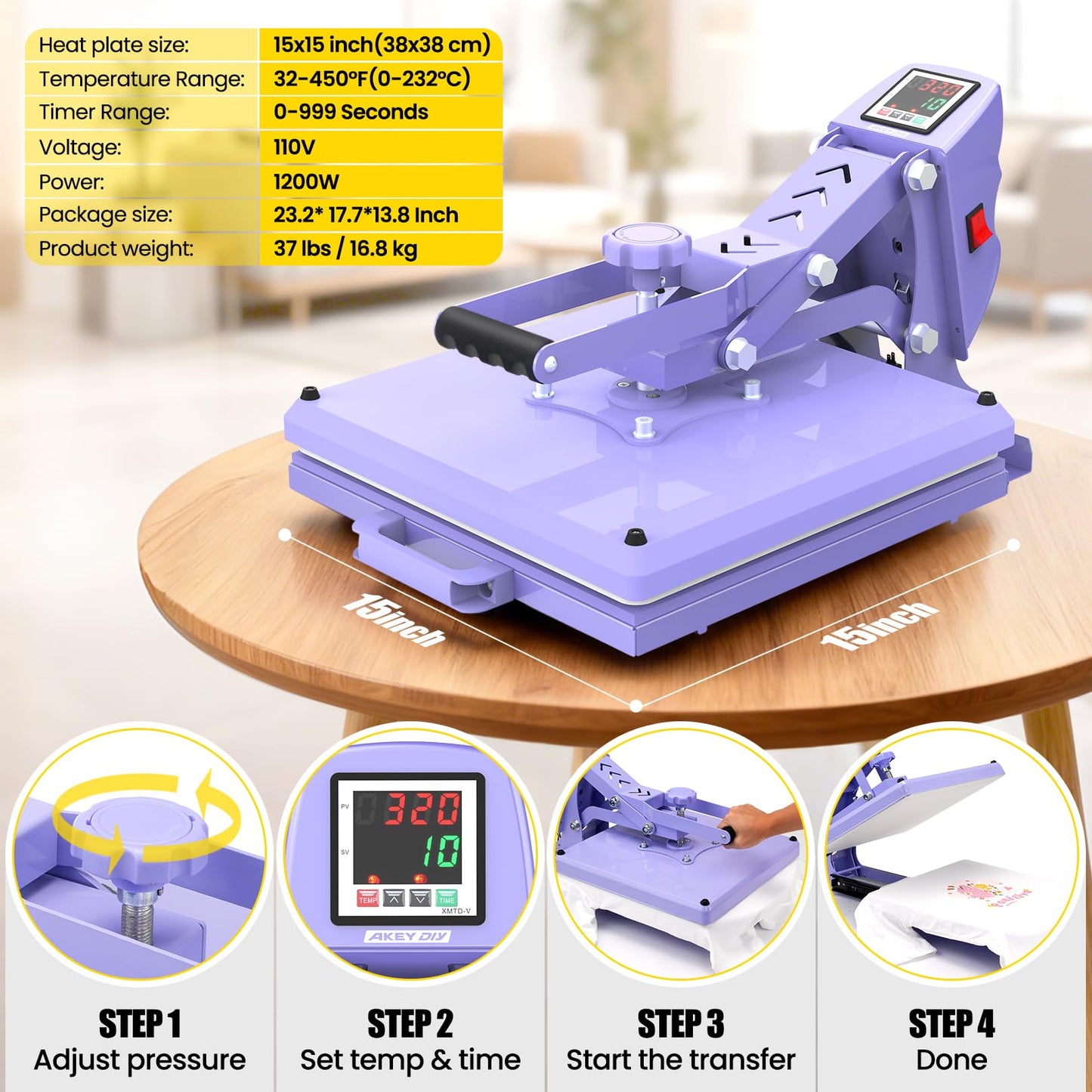AKEYDIY 15" x 15" Slide Out Heat Press for T Shirts - Fast Heating for Sublimation, Industrial Even Heat Transfer & Precise Temp Control, Shirt Heat Press for Vinyl & Fabric Projects (15x15 Purple)
