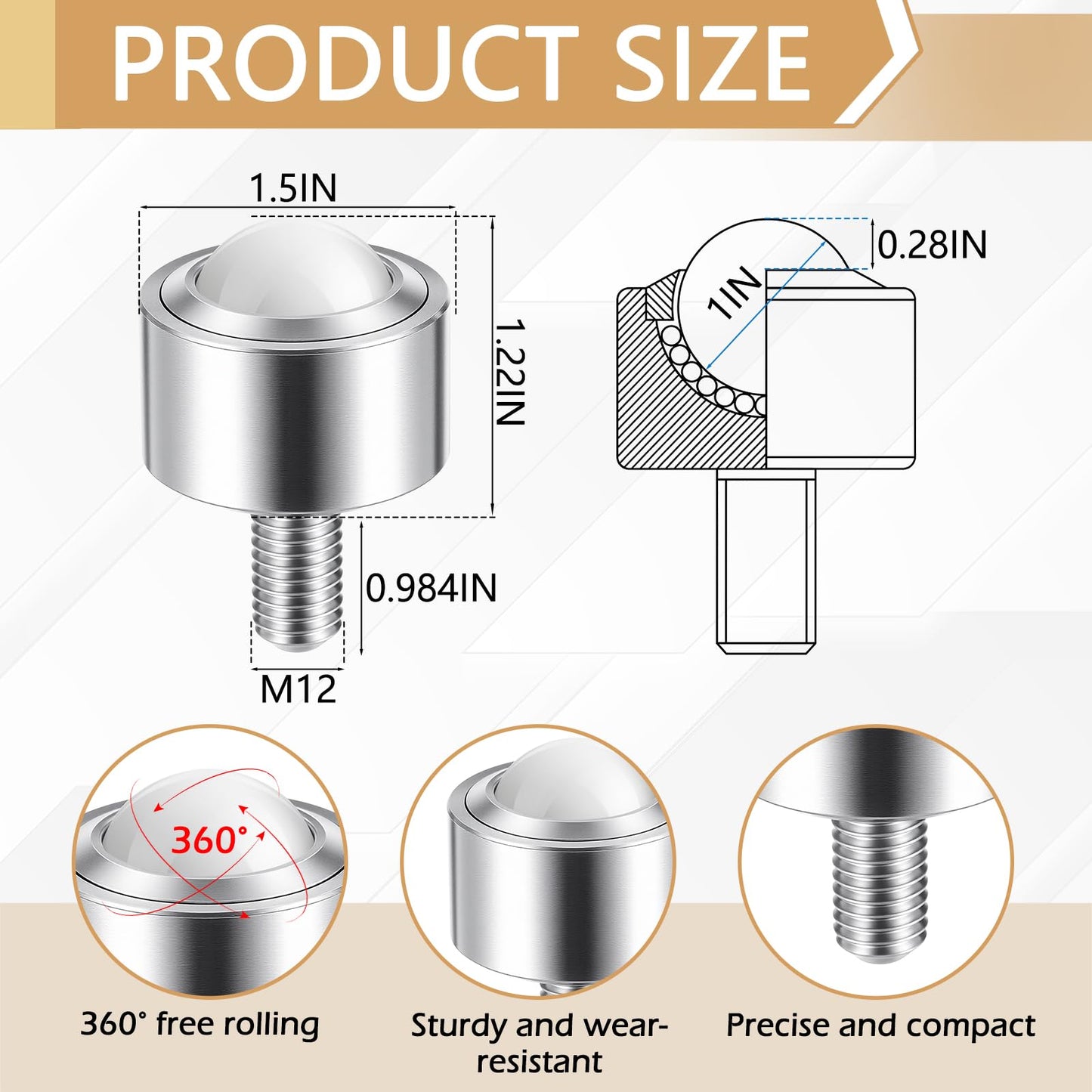 ElaraBerry 4 Pcs 1 Inch Heavy Duty Nylon Ball Transfer Bearing Roller, 560 Lbs Total Load Capacity, 360° Conveyor Roller, Ball Transfer Unit with Thread Stem for Workbench Table