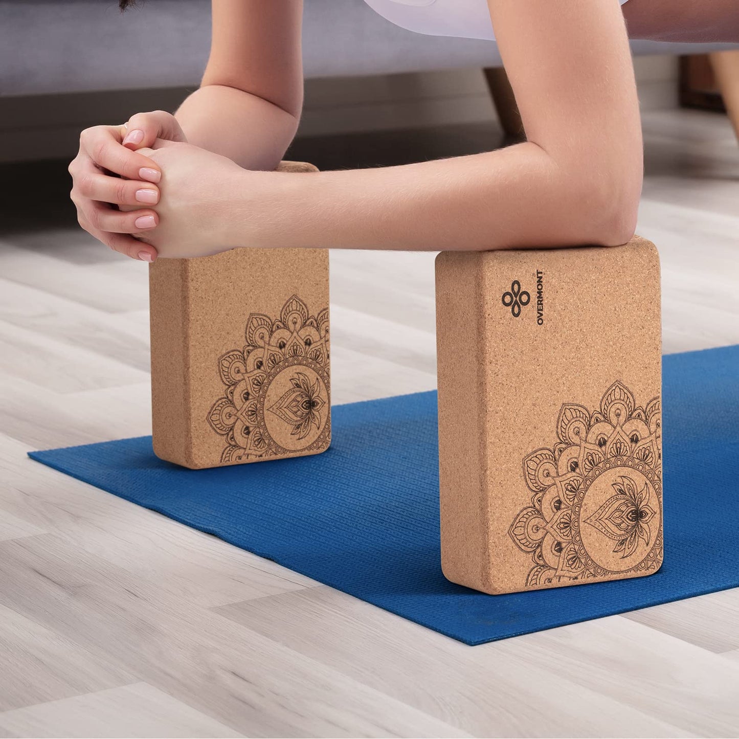 Overmont Cork Yoga Blocks 2 pack with 8ft Strap Natural Cork Bricks- High Density & Eco Friendly Yoga Accessories for Women - Ideal for Yoga Pilates General Fitness and Stretching 9x6x3''