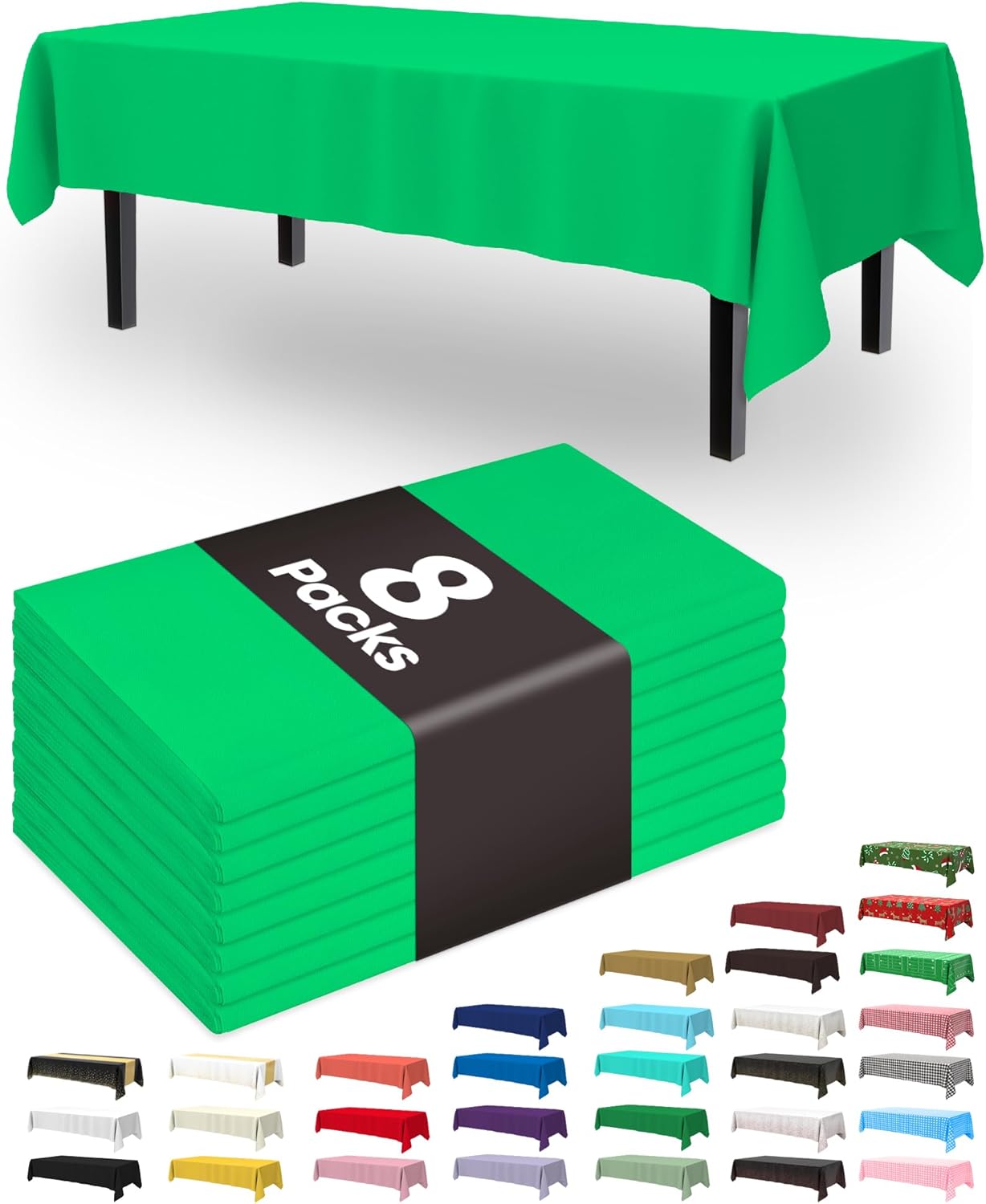 Pureegg Disposable Plastic Tablecloths - 8 Pack, 54 x 108 Inch, St. Patrick's Day & Christmas Decor, Leakproof Green