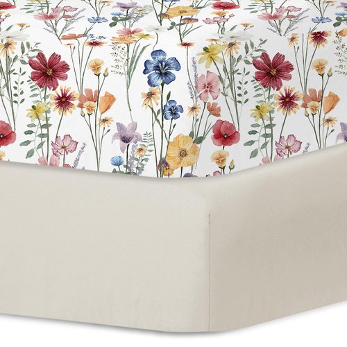 Little Grape Land Crib Sheets - Super Soft 2-Pack Fitted Sheets for Standard Cribs & Toddler Mattresses | Spring Flower & Beige