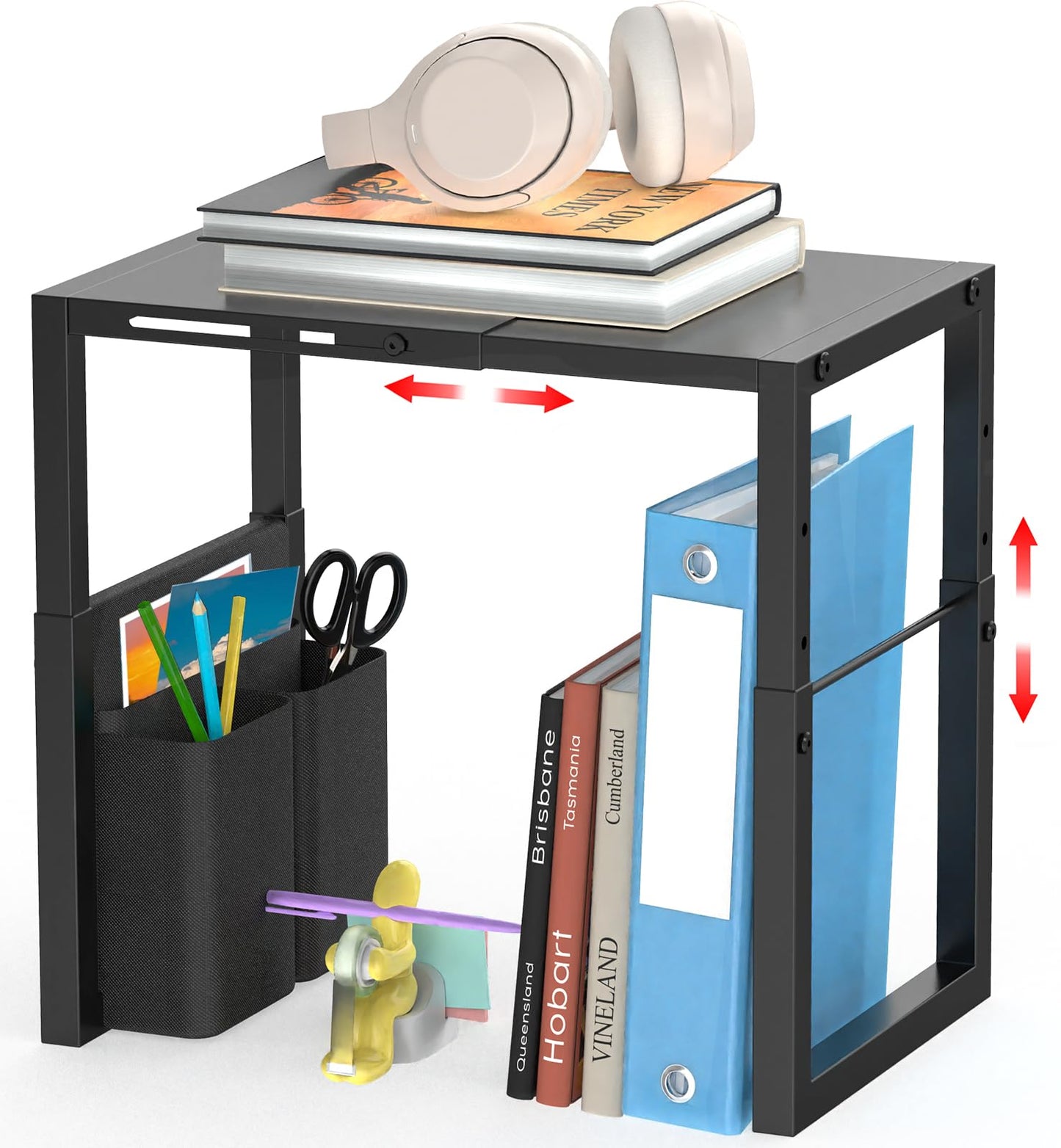 Locker Organizer Shelf, Metal Adjustable Width and Height, Ideal Locker for School, Office, and Gym Lockers, Extends Locker Storage Organization with Pockets, Black