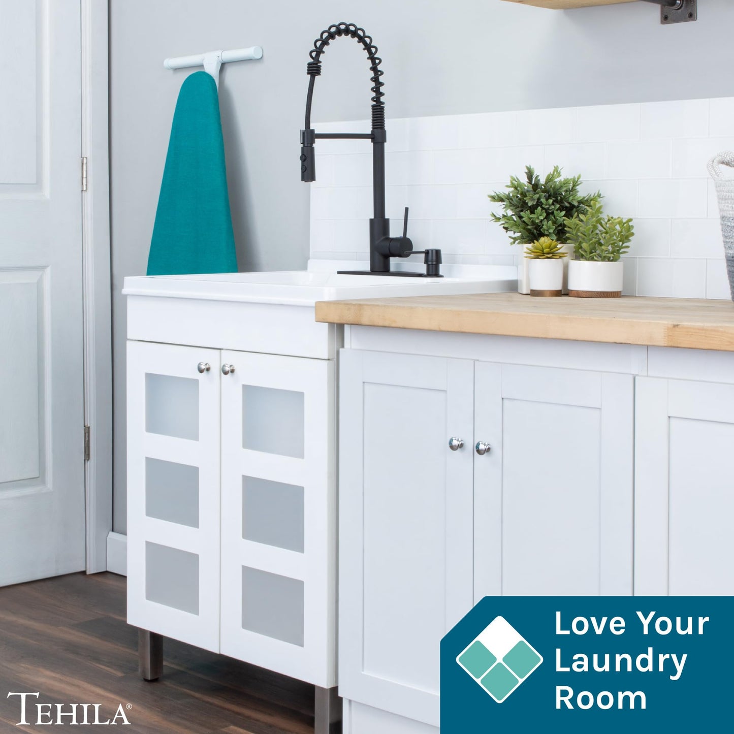 White Utility Sink in White Vanity, Matte Black Pull-Down Coil Faucet, Soap Dispenser and Spacious Cabinet by JS Jackson Supplies for Garage, Basement, Shop and Laundry Room