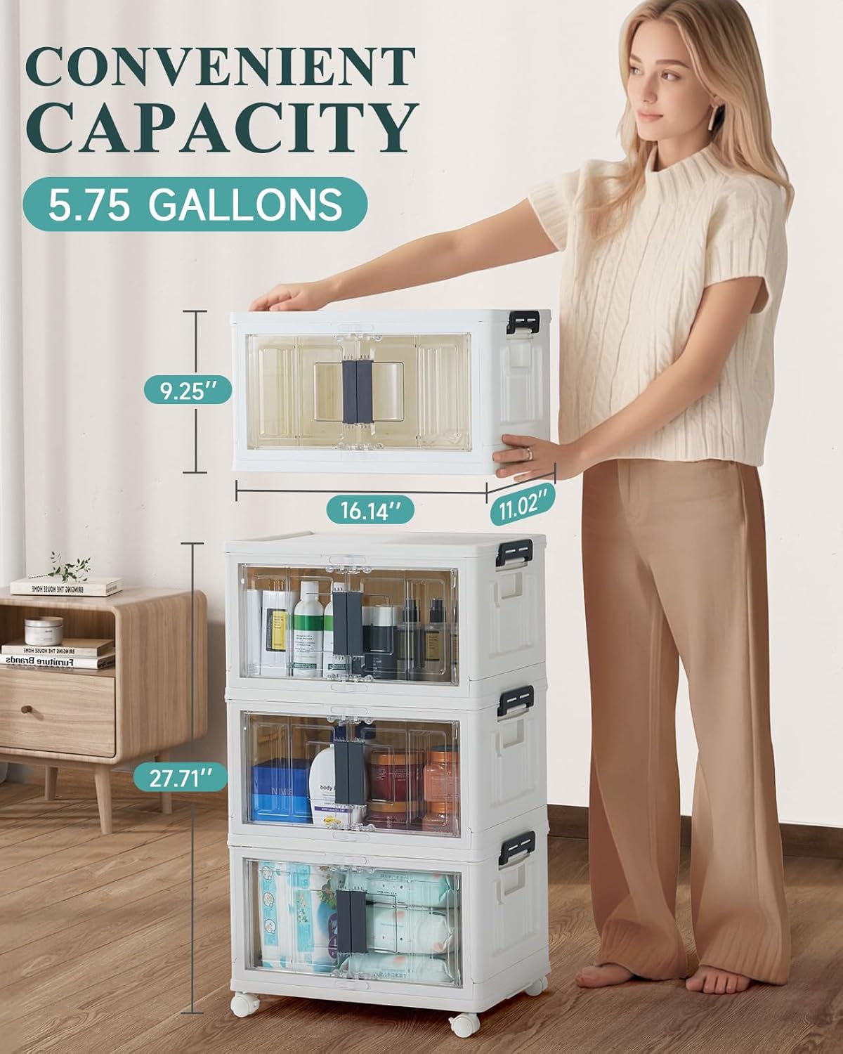 OlarHike 23QT Stackable Storage Bins - Collapsible Plastic Boxes with Lids & Wheels | 3-Pack for Easy Organization