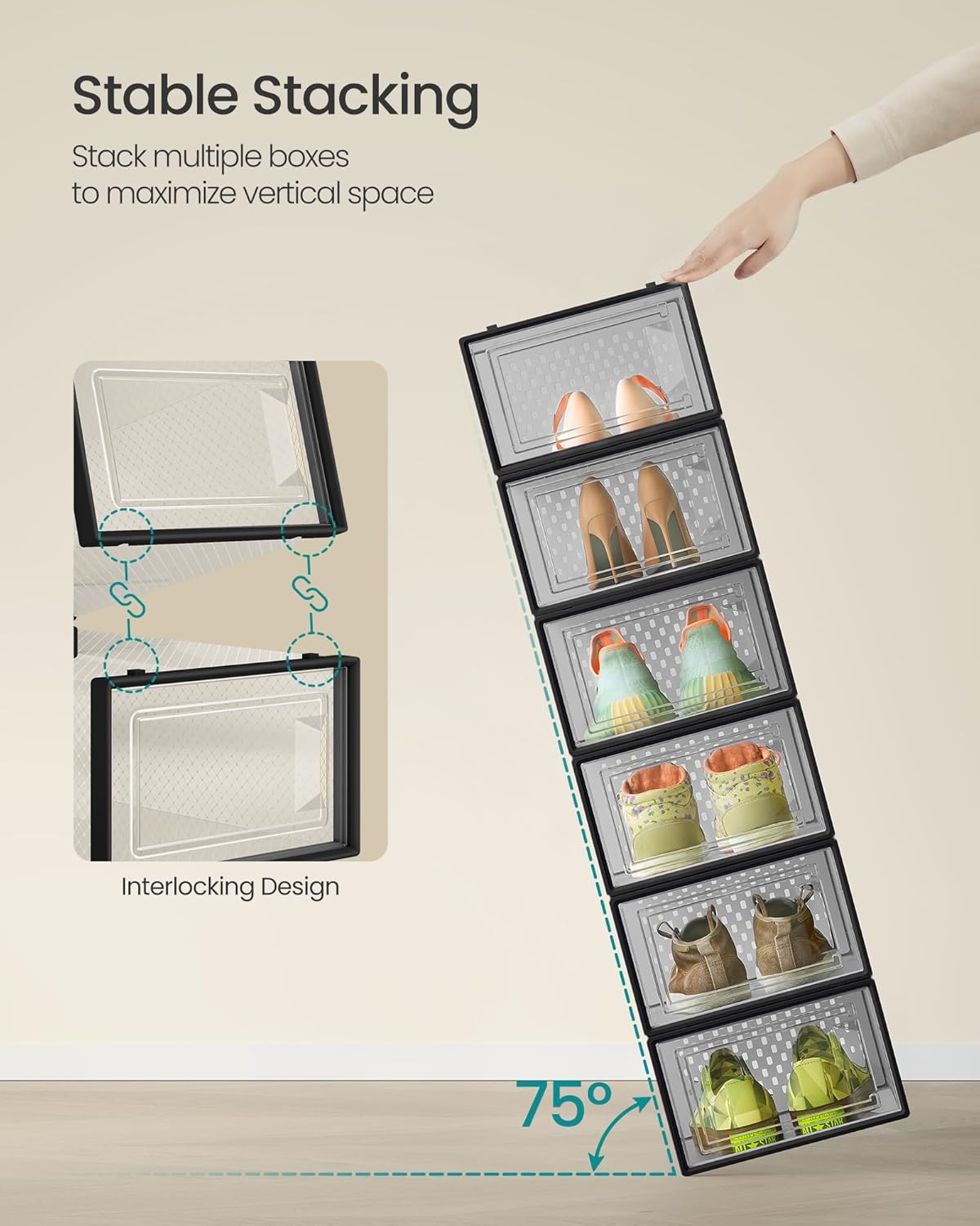 SONGMICS Shoe Storage Organizers - Pack of 12 Stackable Clear Plastic Boxes for Sneakers | 13.1 x 9.1 x 5.6 Inches, Transparent & Black