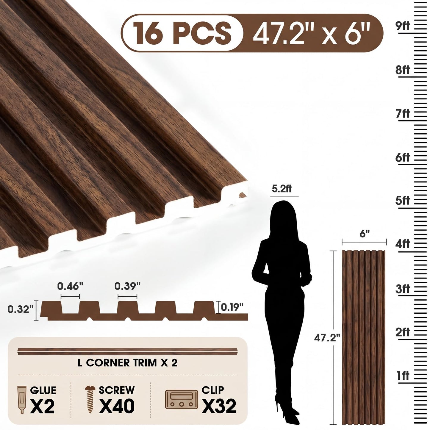 LARWORKS WPC Acoustic Slat Wall Panels 16-Pack 47.2'' x 6'', Accent 3D Wall Panel for Interior Wall Decor, Waterproof Fluted Textured Panel Wall Slats,Solid Walnut (Cover Approx.32 sq.ft)