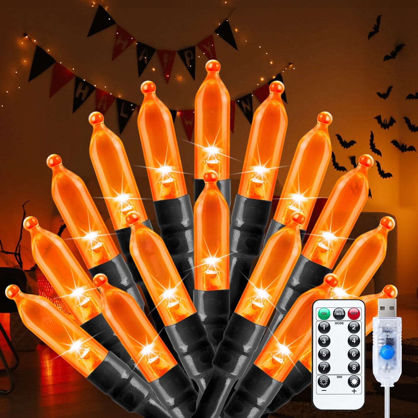 Minetom Halloween String Lights, 100 LED, 39 FT, Orange, USB Powered, 8 Modes, Indoor Decor for Holiday and Party