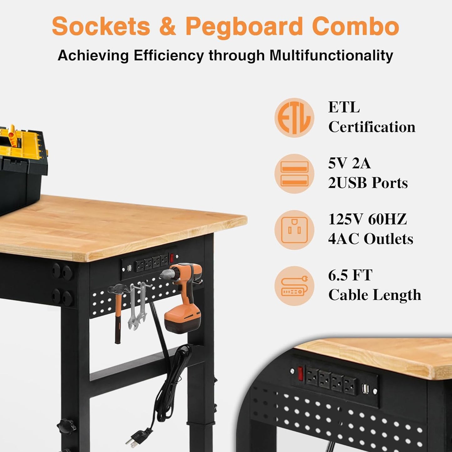Betterhood 96" 2-in-1 Convertible Adjustable Workbench, L-Shaped & Extended 5000 LBS Heavy Duty Work Table with Power Outlets & Pegboard, Rubber Wood Workstation for Garage, Workshop