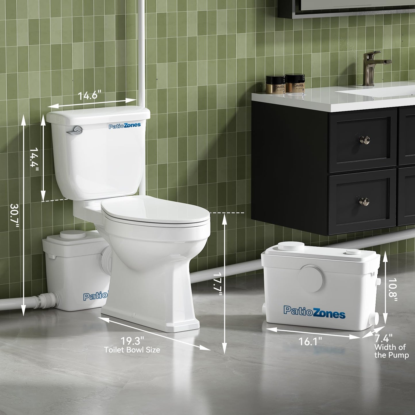 36ft HIGH POWER Macerating Toilet System, Upflush Toilet with Macerator Pump, Copper Motor Pump with 4 Inlets for Basement/Kitchen/Sink/Shower, Two-Piece Elongated Tall Toilet
