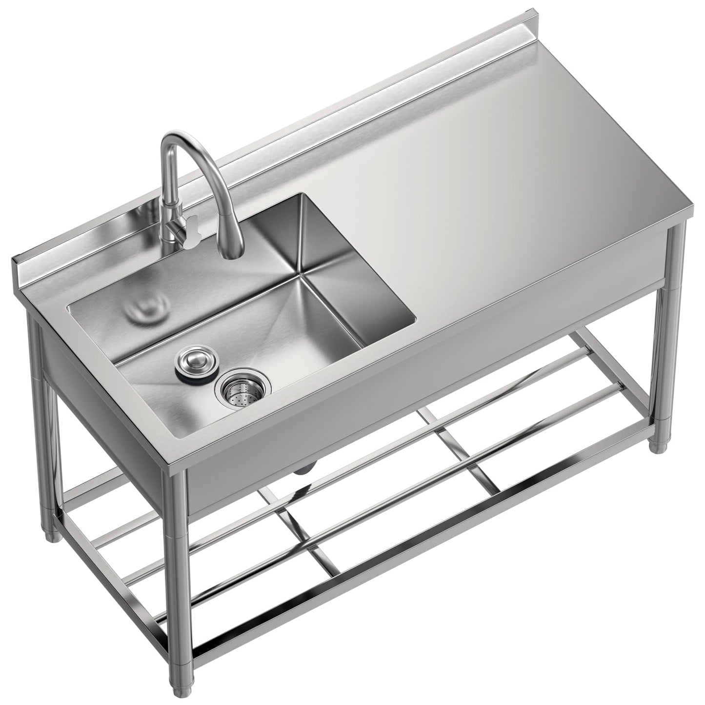 GGW Commercial Sink with Drainboard, Stainless Steel Utility Sink with Pull-out Faucet, Free Standing Single Bowl Kitchen Sink with Workbench for Restaurant, Garage, Outoor, 21.7"D x 47.2"W x 37"H