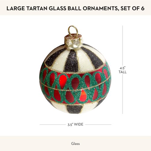 MACKENZIE-CHILDS Set of 6 Glass Ornaments, Christmas Tree Decorations Set, Tartan