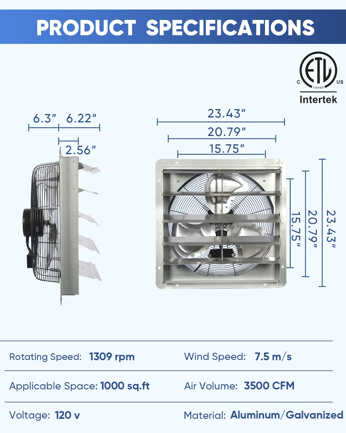 KEN BROWN 20 Inch Shutter Exhaust Fan With 1.65 Meters Power Cord Wall Mounted, High Speed 3500CFM, Vent Fan For Garages And Shops, Greenhouse,Attic Ventilation