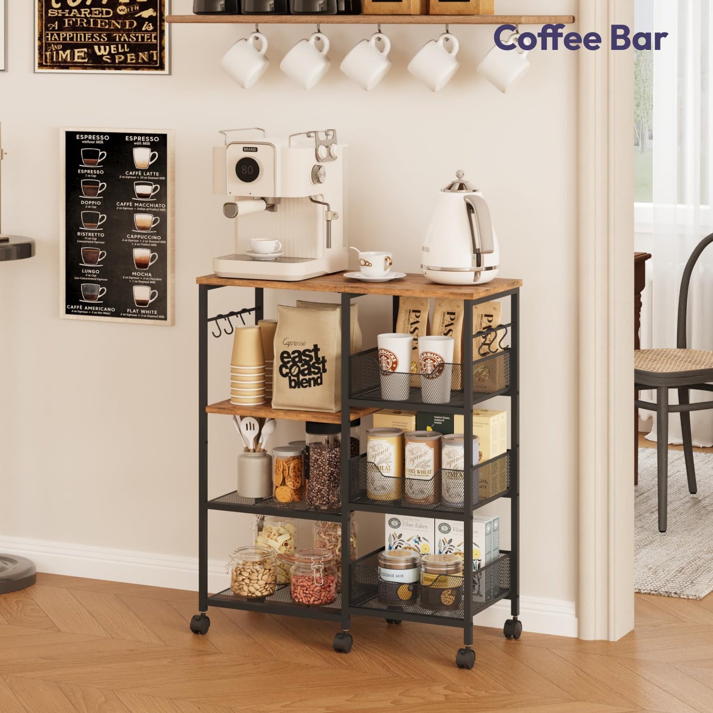 SWTYMIKI Kitchen Island Cart on Wheels - 4 Tier Rolling Kitchen Table Cart with Storage Shelves, 6 Removable Hooks& Locking Casters, Coffee Bar Cabinet for Dining Room Pantry Office, Espresso
