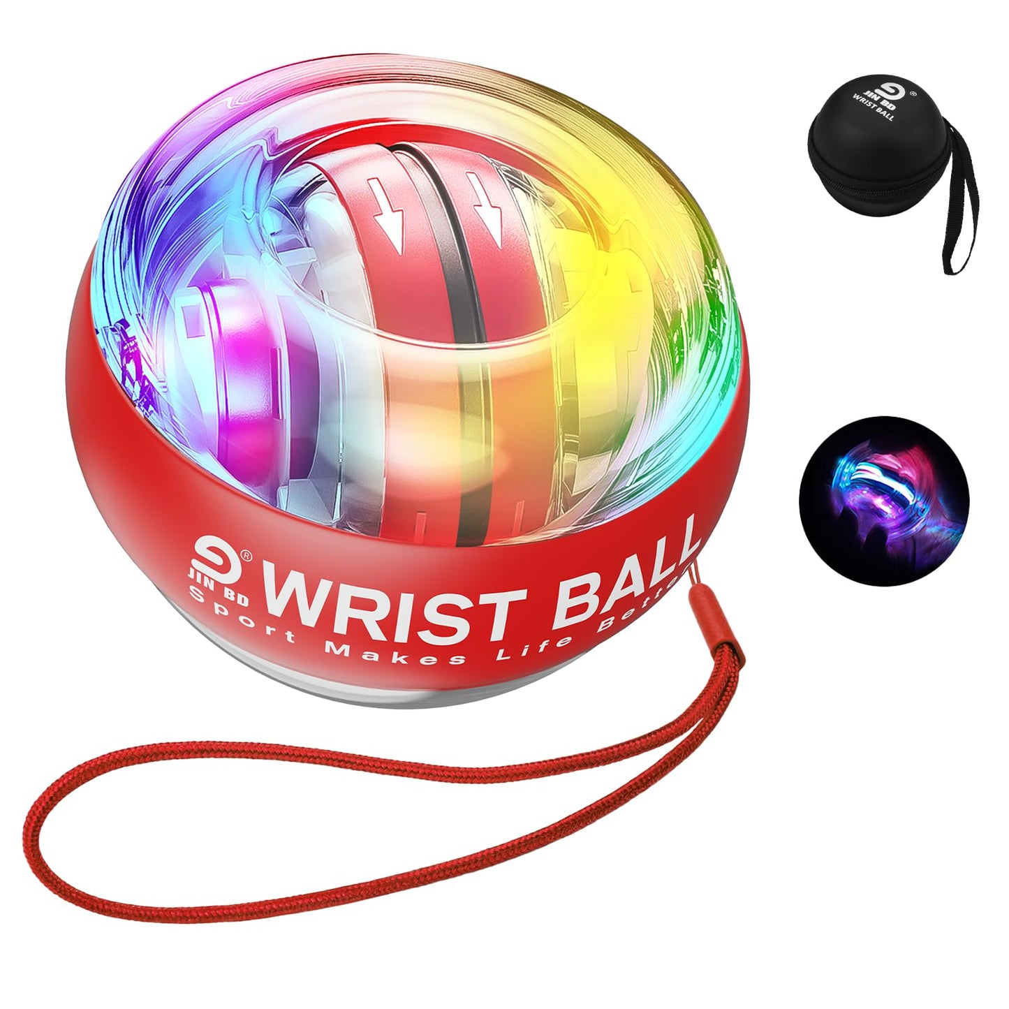 JIN BD Auto-Start Gyro Ball Wrist Trainer, Gyroscopic Forearm Exerciser for Strengthening Arms, Fingers and Muscles (Light Red Transparent with Colorful Lights)