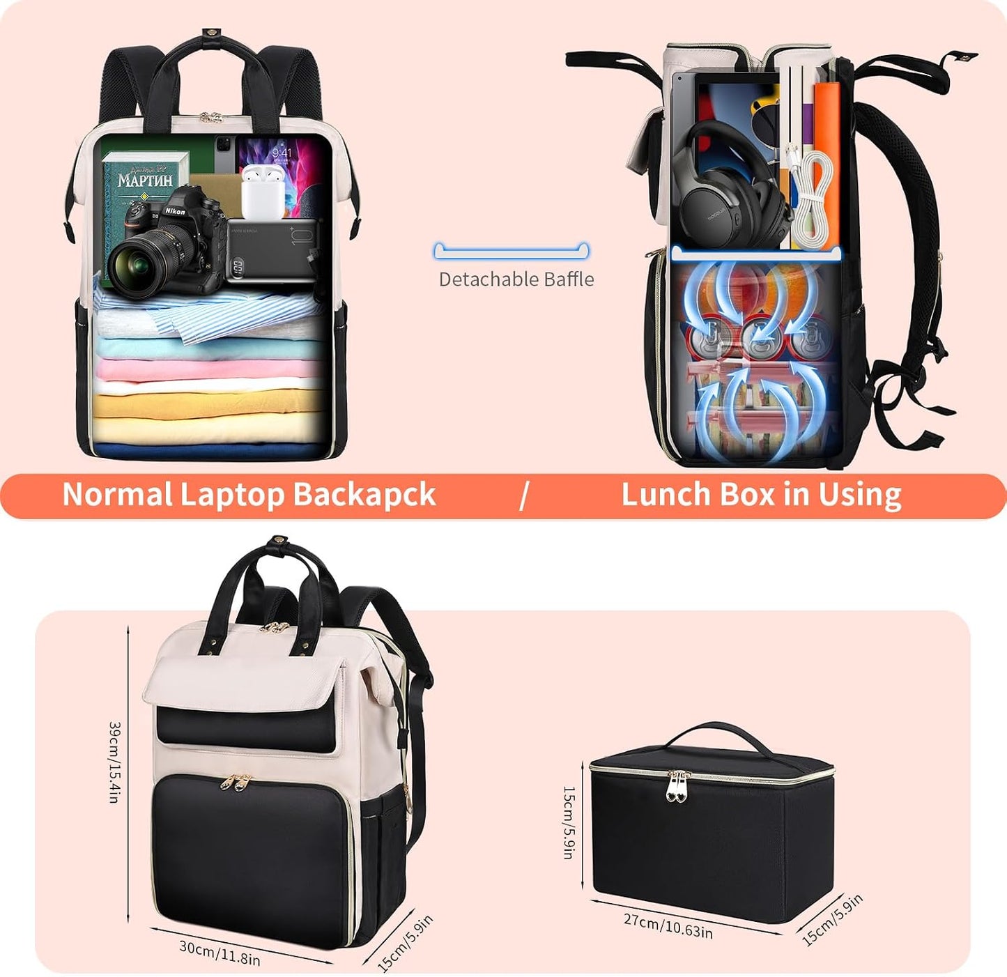 Backpack 15.6 Inch Backpack Backpack BERTASCHE Lunch for Women, Laptop with Insulated Cooler Lunch box, Work