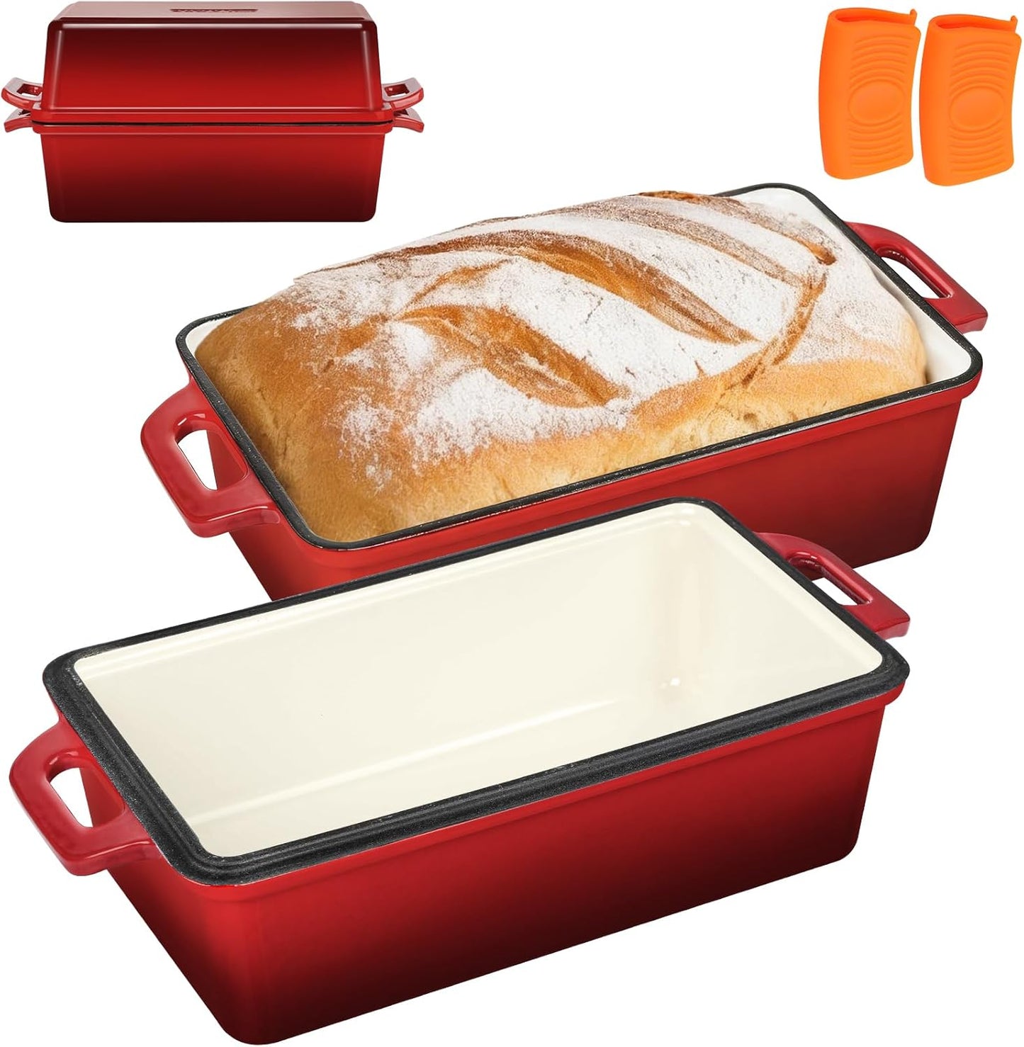 Wildone Enameled Cast Iron Bread Loaf Pan - 9x5 Sourdough Baking Set with Lid, Red, Even Heating