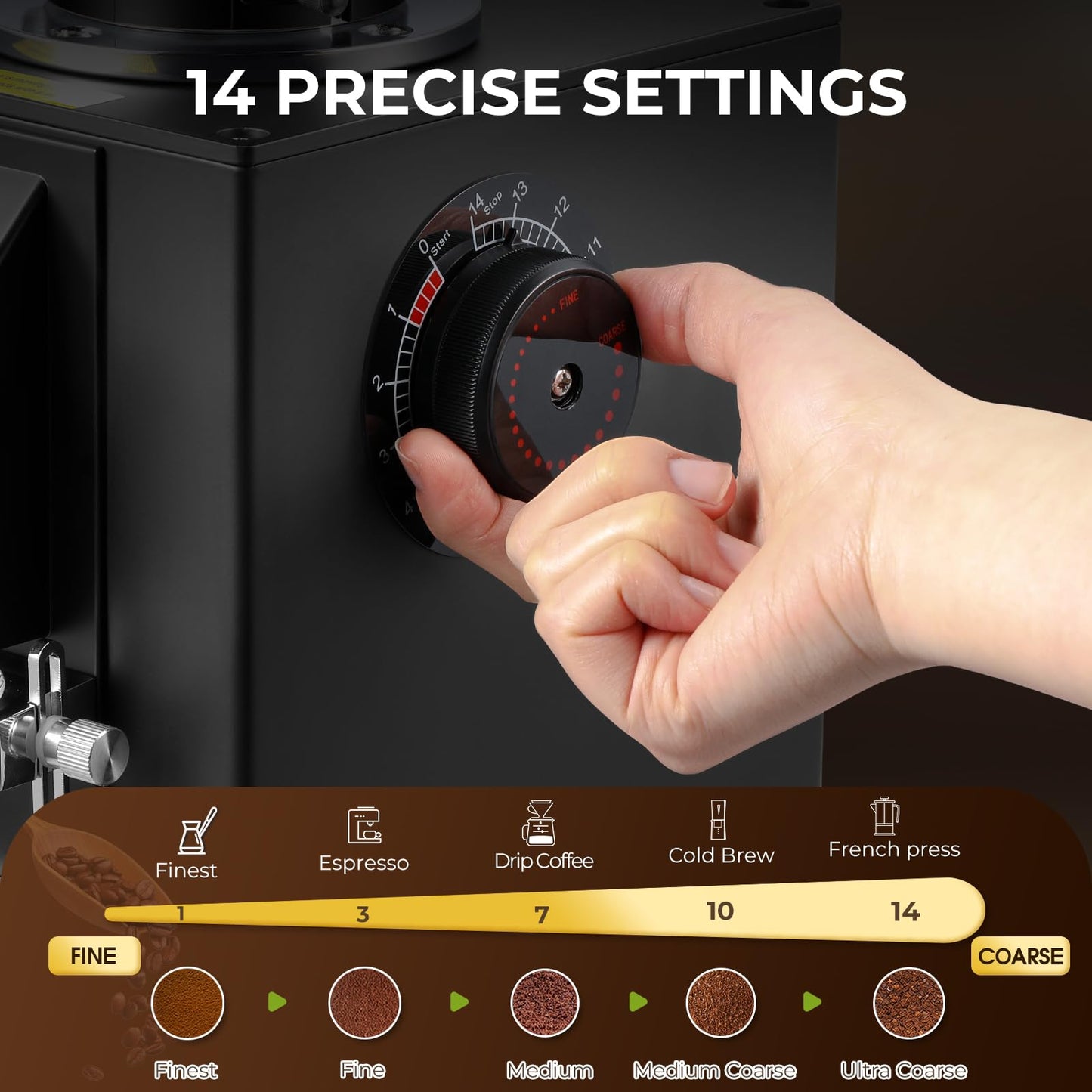 Flyseago Commercial Coffee Grinder with Electric Tamper, 64mm SUS420 Flat Burr, 14 Grind Settings for Café, Bakery