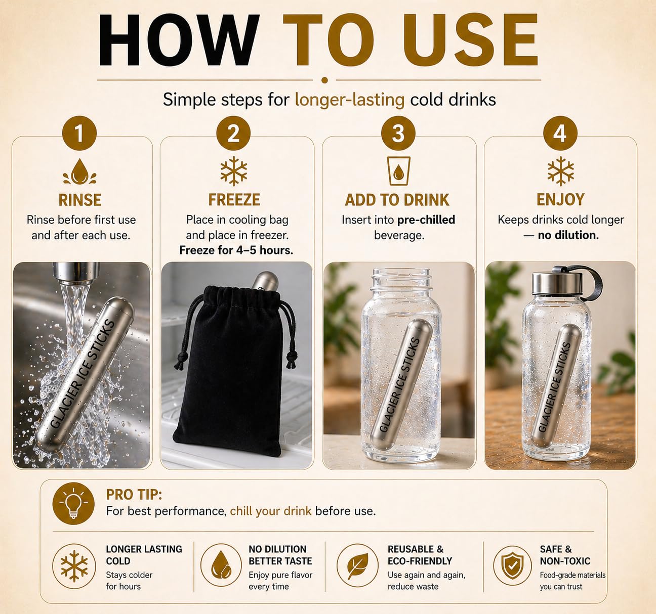 Nzula Reusable Ice Sticks for Water Bottles – Stainless Steel Cooling Rods (4 Pack) | No Dilution Drink Chiller | Fits Tumblers & Gym Bottles