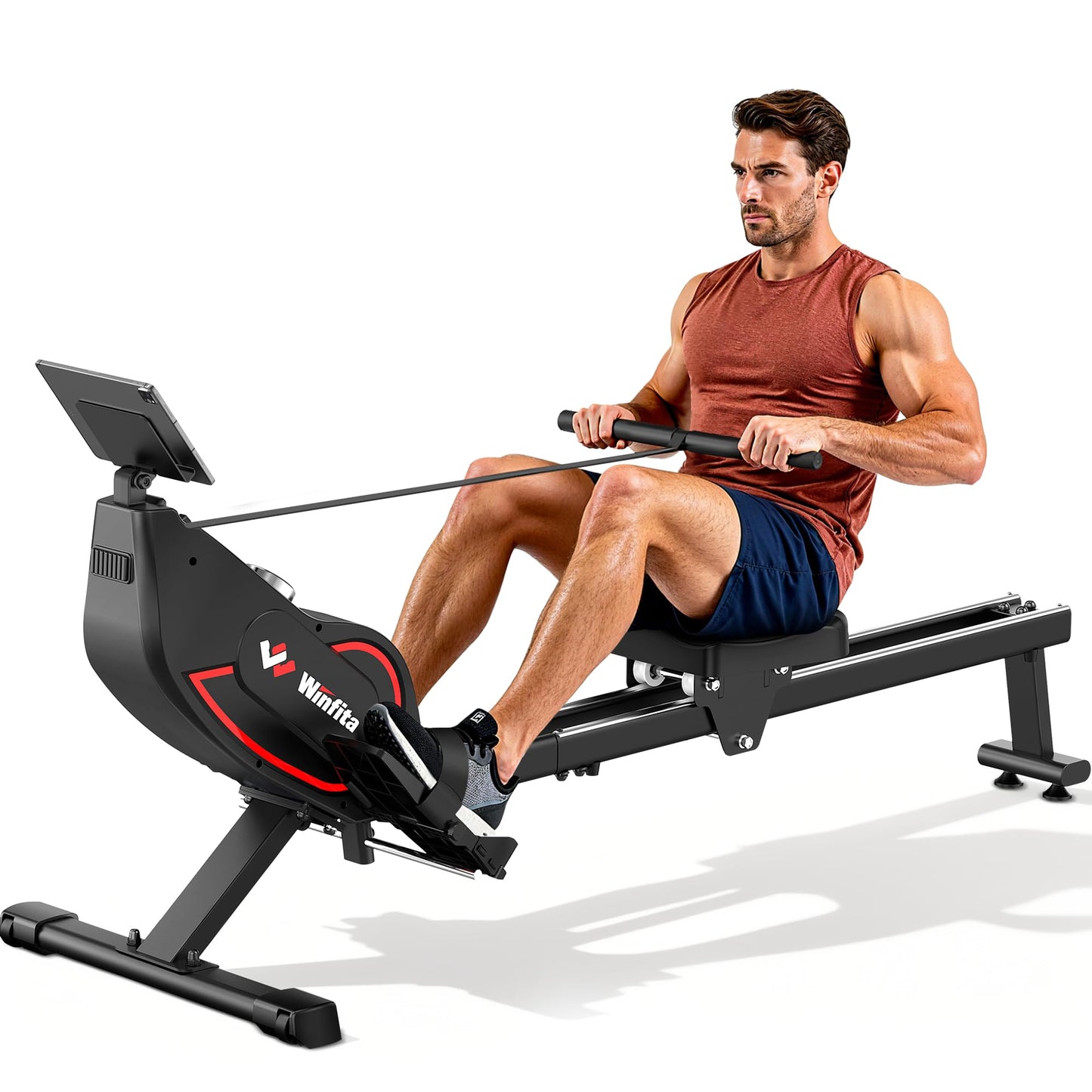 Winfita Rowing Machines for Home Use, Compact Rower Machine with 350 LBS Capacity,32-Level Self-Powered Resistance Knob with Real-Time Data Tracking, Dual Rail, Ergonomic Seat, App Support