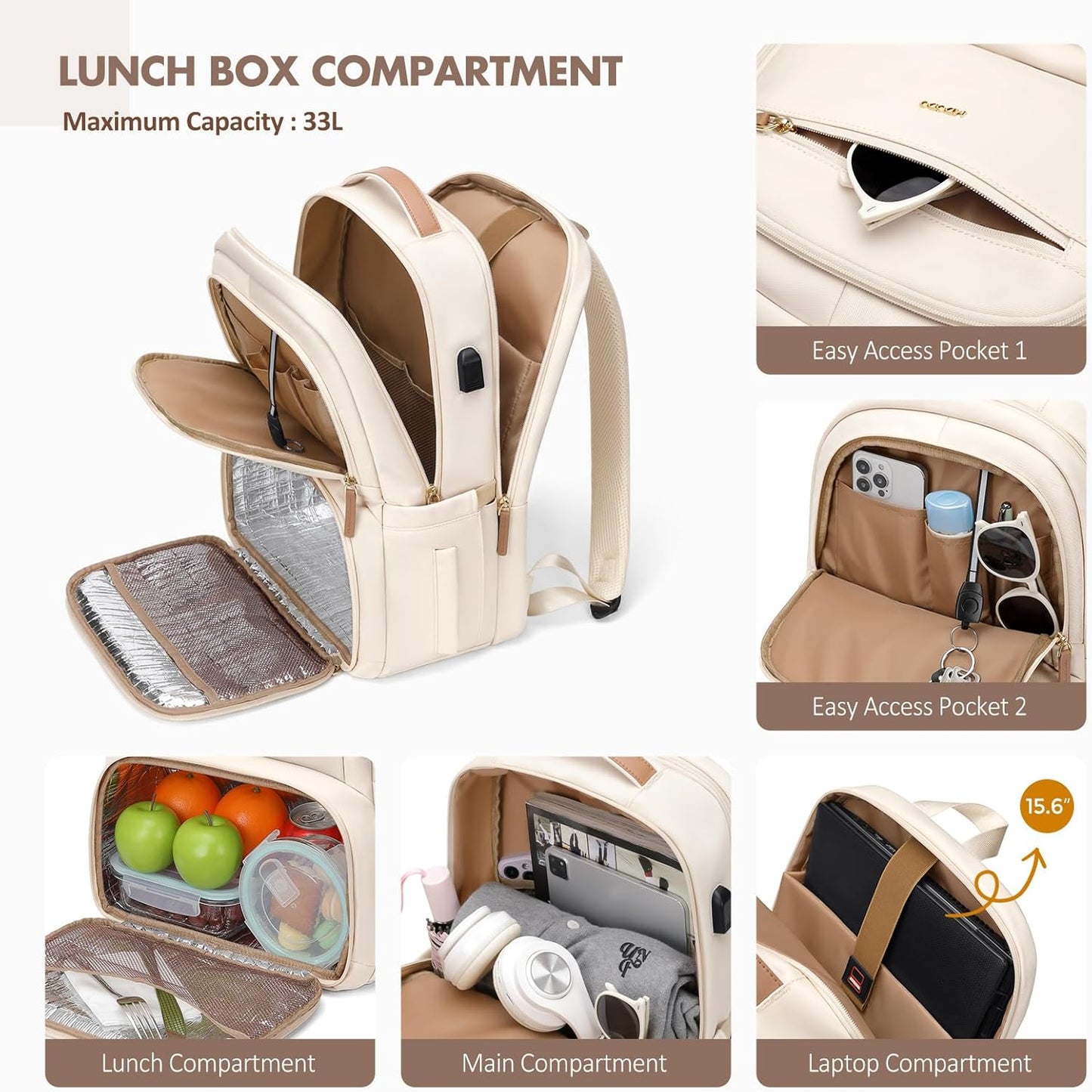 Backpack Men,15.6Inch Backpack pack MDODO Lunch for Women Insulated Lunch Box with USB Charging Port, Diaper Laptop