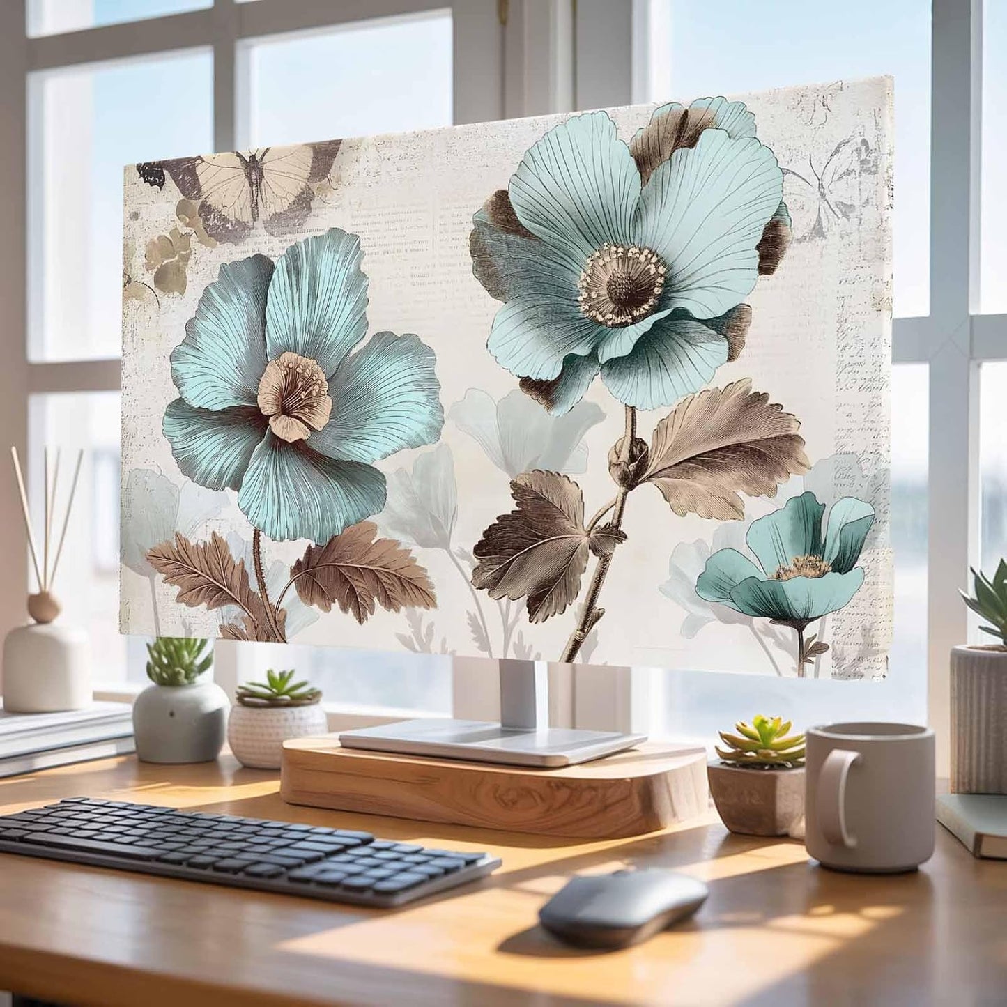 Yukro 85 Inch, 74"x42" Victorian Style Broccoli Butterfly Indoor TV Dust Cover, Blue Flowers Plant Elastic TV Dustproof