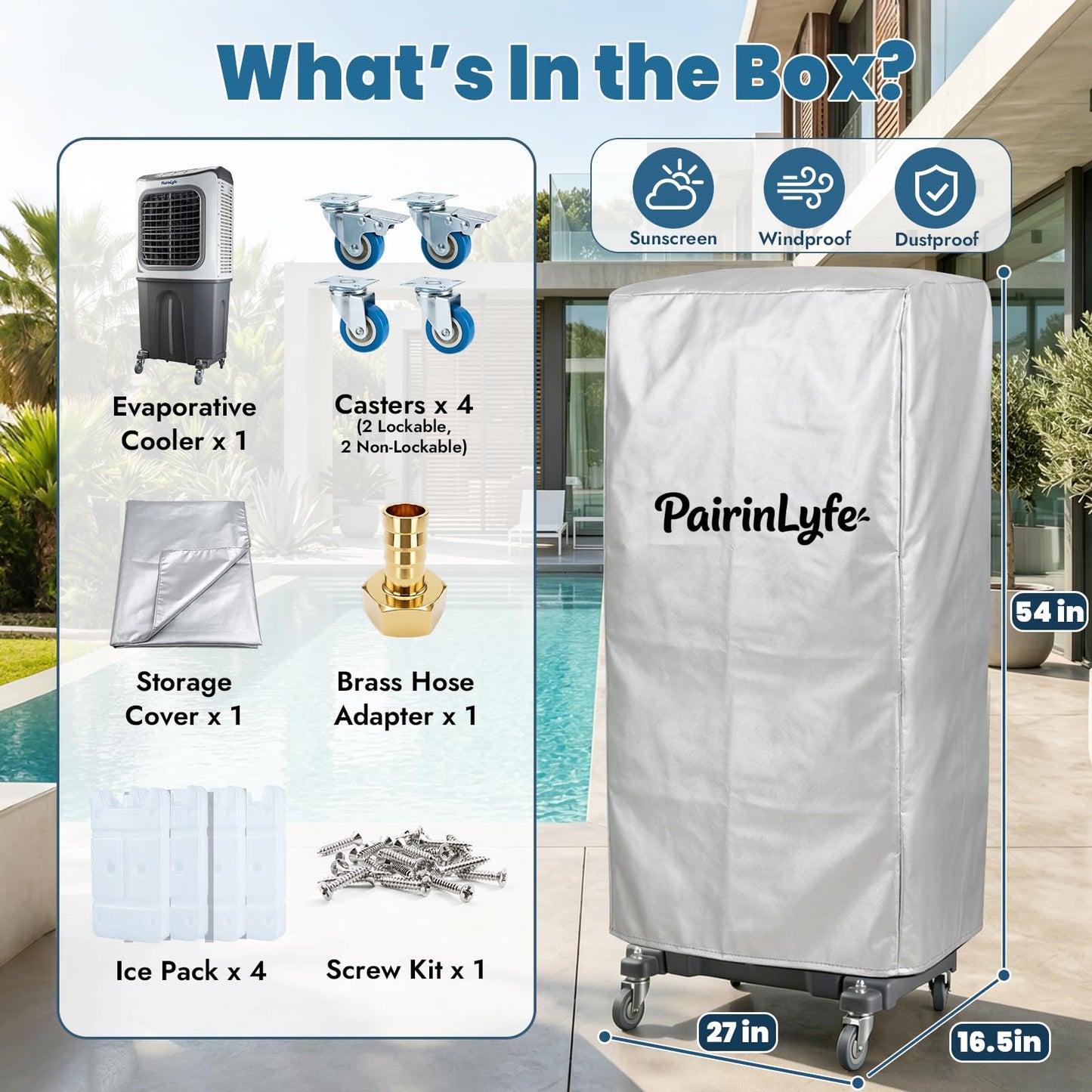 54" Tall 7000CFM Large Swamp Cooler, 3-in-1 Evaporative Air Cooler with 26.5 Gal Water Tank, 3-Speed, 2 Modes, 4 Ice Packs & Storage Bag, Outdoor Cooling Fans for Patio Garage Factory, 2000 sq.ft
