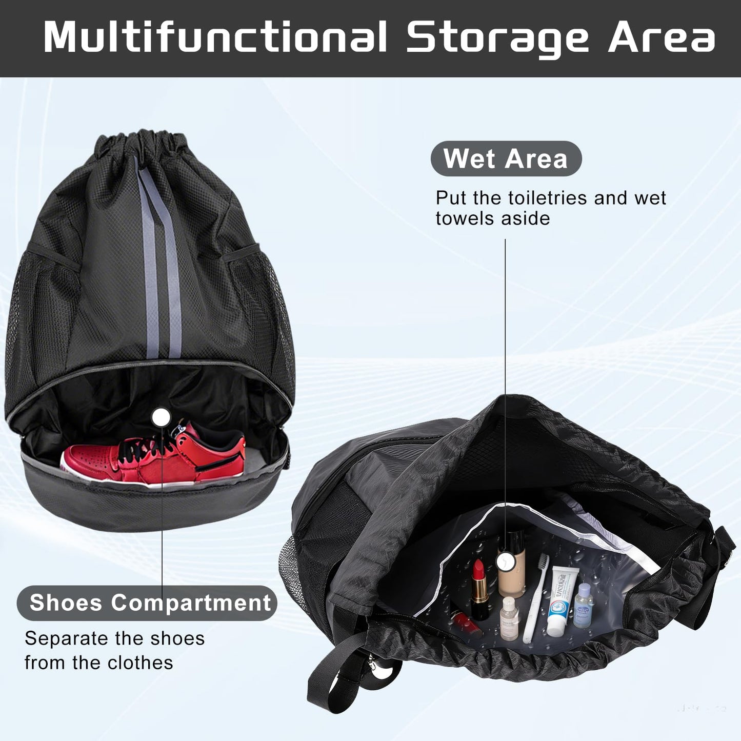 YEVOPOU Sports Drawstring Backpack with Shoes Compartment, String Gym Bag with Wet Proof Pocket for Basketball, Soccer, Swim, Black Sport Bag for Men and Women