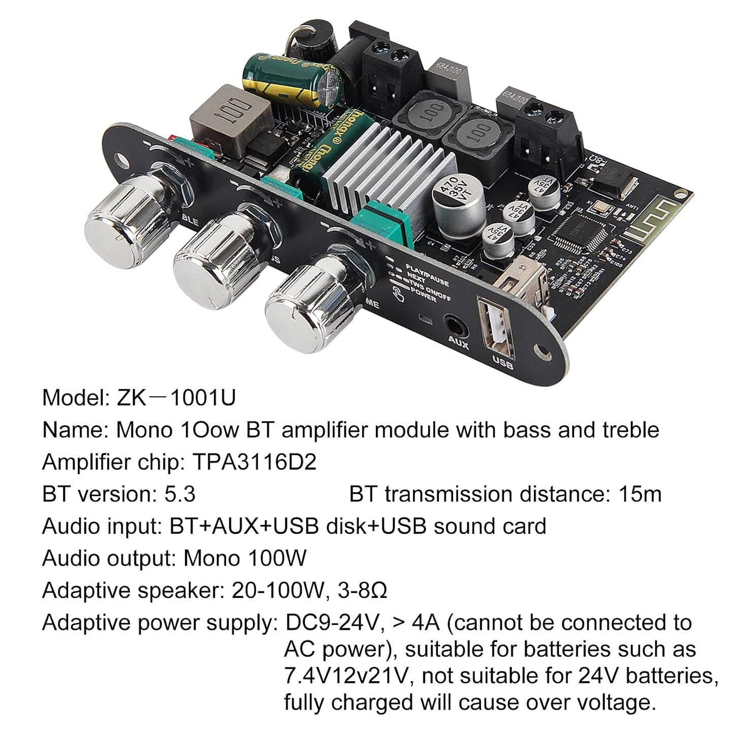 AITRIP 2Pcs ZK-1001U 100W 9-24V Mono Amplifier Board with TWS,Mini Audio Amps with Boost with Power Output, Treble