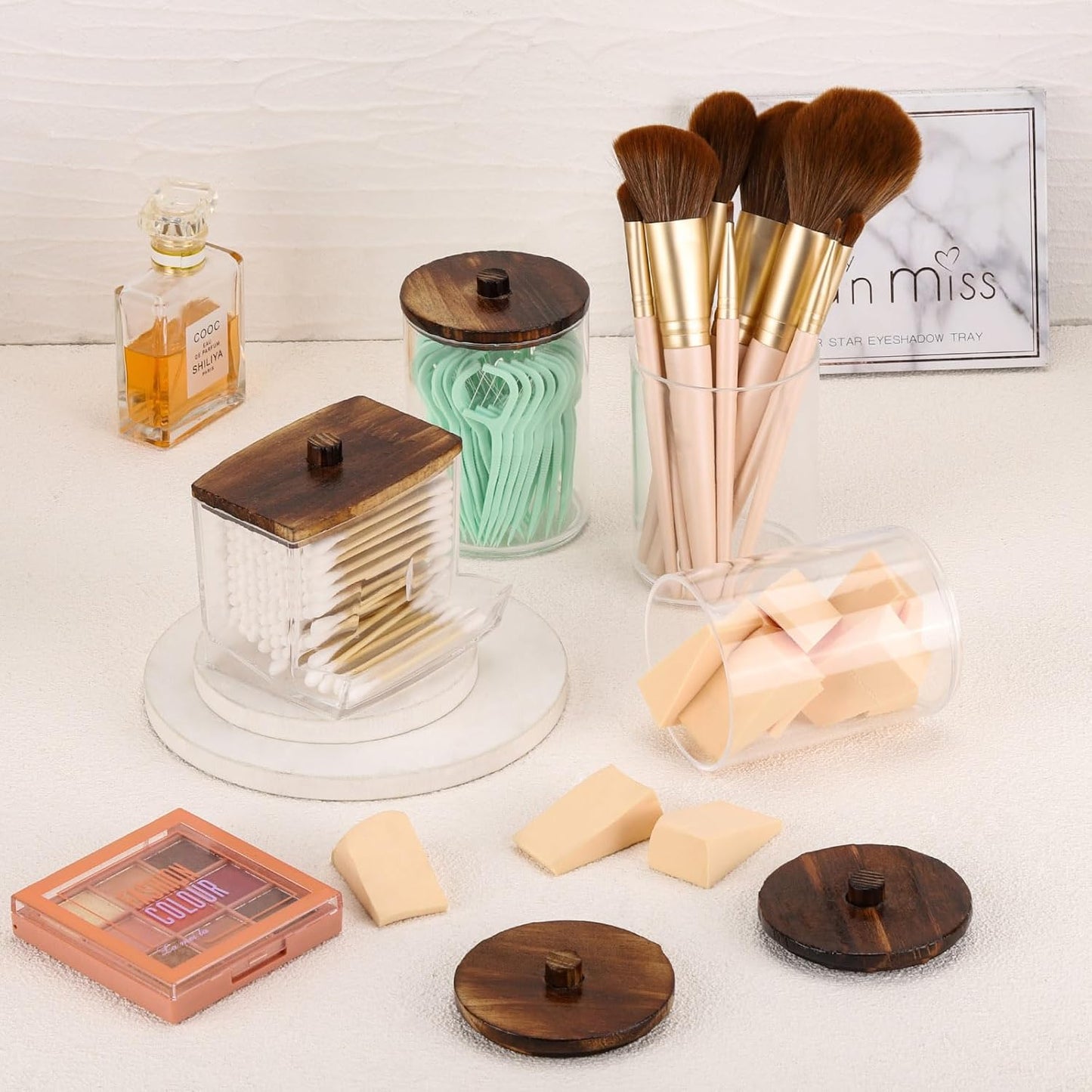 Tbestmax Qtip Holder - 4 Pack Cotton Ball & Swabs Dispenser with Bamboo Lids | 10/7oz Apothecary Jar (Brown)