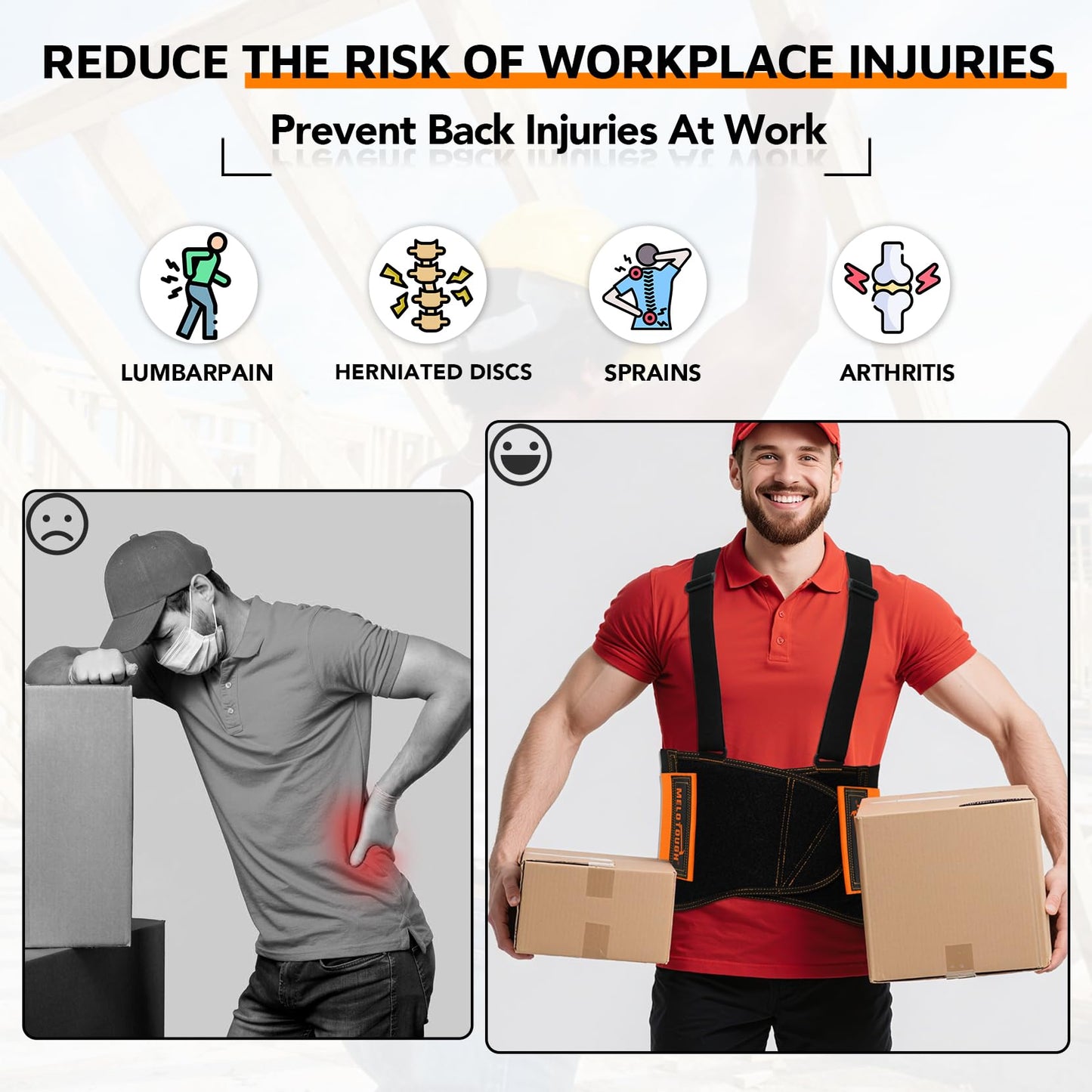 MELOTOUGH Back Brace for Men Lower Back,Back Brace for Work,Back Support Belt with Suspenders,Lower Lumbar Support for Heavy Lifting, Removeable Straps for Construction, Warehouse L/XL,Gifts for Men