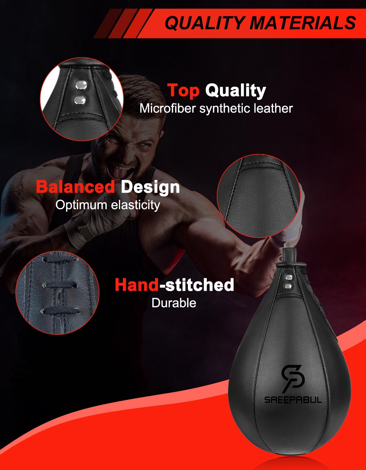 SAEEPABUL Boxing Speed Bag for Adults - Professional Synthetic Leather Punching Bag with Latex Bladder, Adjustable Training Equipment for Home Gym Fitness Black
