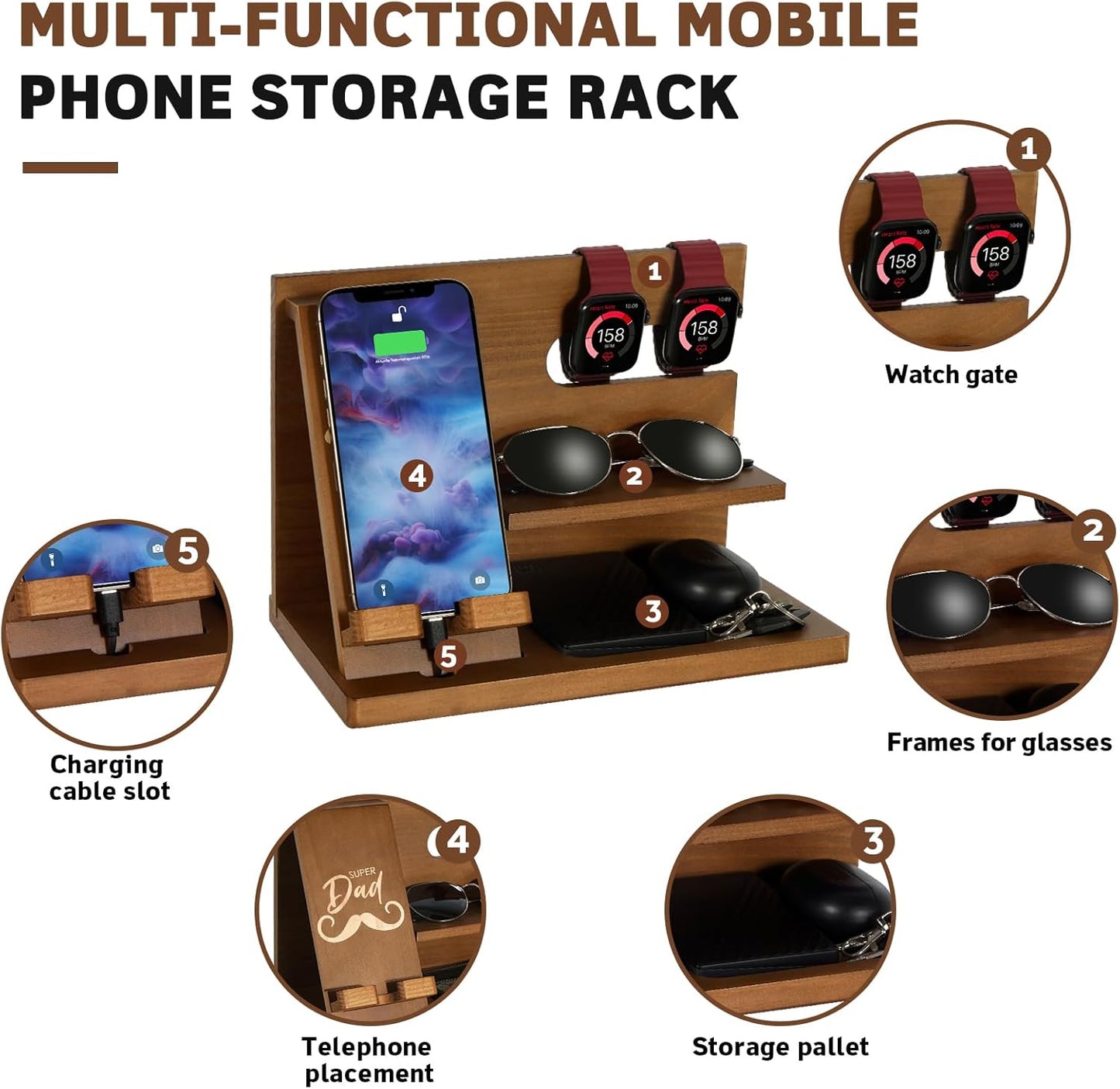 AliveByte Fathers Day for Dad, Dad Birthday Gifts, Wood Phone Docking Station, Nightstand Organizer, Gifts for Dad