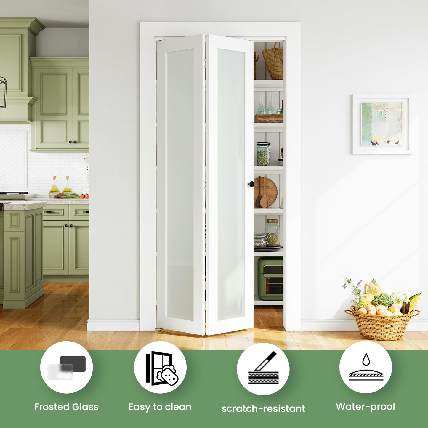 SMARTSTANDARD Bifold Door, 24'' x 80" Tempered Frosted Glass, Interior Folding Door with Hardware Track Kits, Easy Assembly, MDF, White