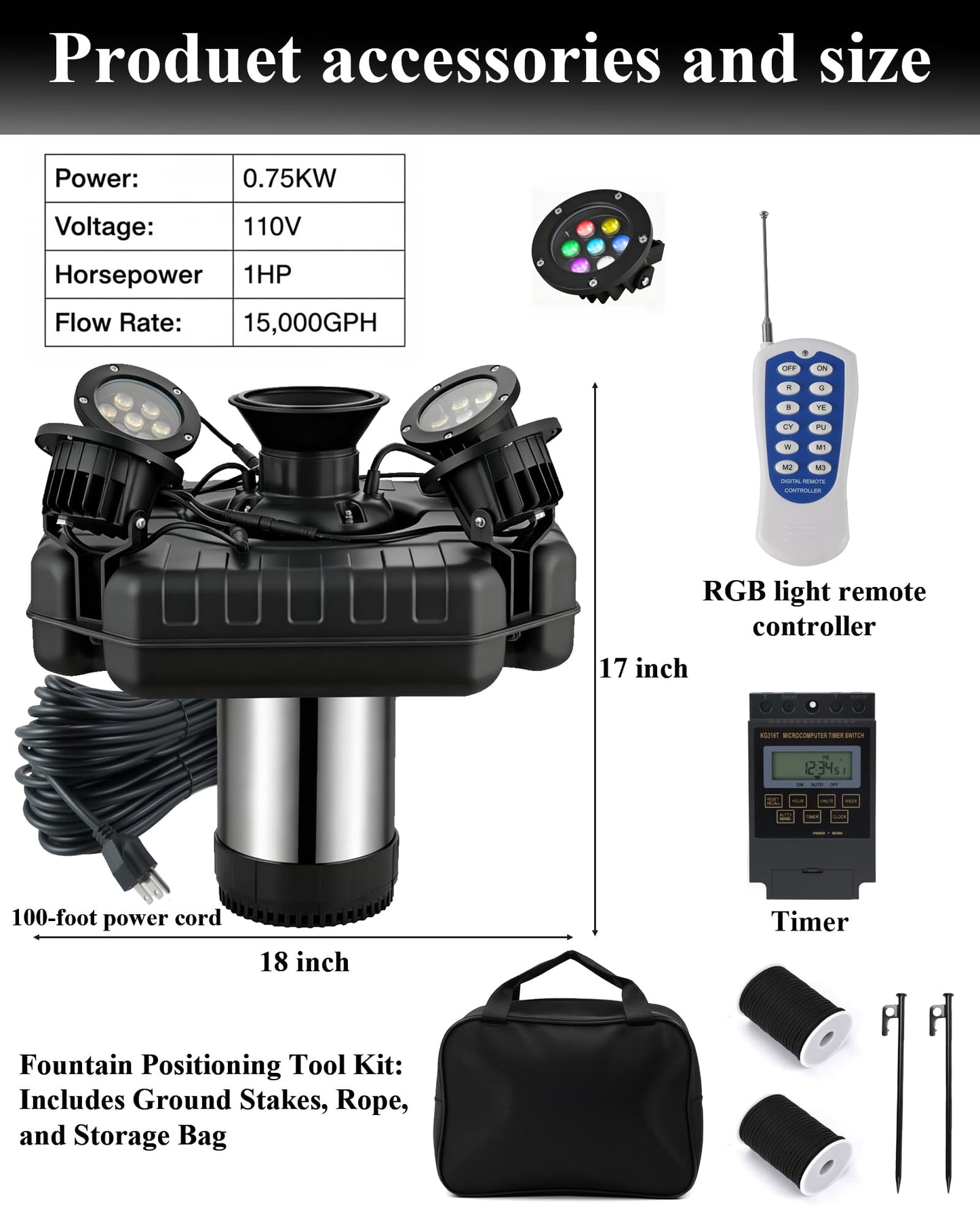 Pond Fountain Aerator with Lights, 1 HP with Dynamic RGB Lighting, Adjustable Modes, Digital Timer, for Large Ponds, Lakes & Outdoor Water Features, 15,000 GPH, 750W 110V, 100FT Cord