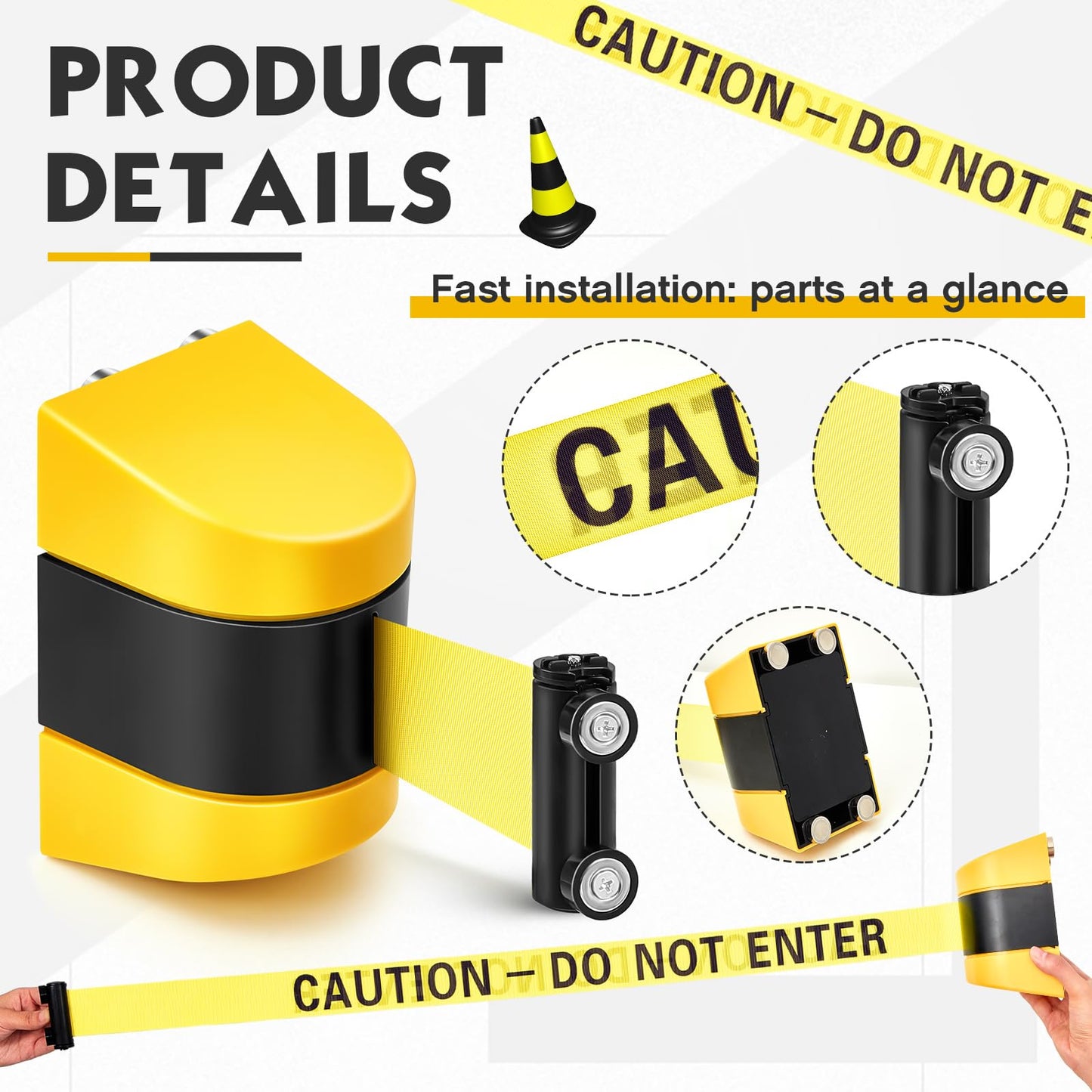 Barydat 4 Pcs 16.4 ft Magnetic Retractable Wall Mount Barrier, Crowd Control Safety Belt with ABS Case for Grocery Retail Store Stadium (Caution Do Not Enter,Yellow)