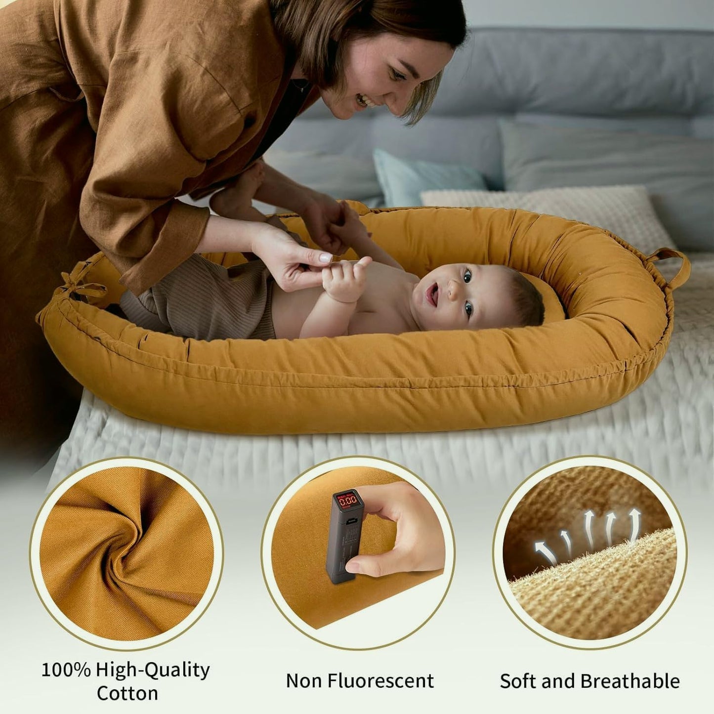 Sienna Baby Lounger - Soft, Breathable Cotton Infant Nest for Newborns 0-24 Months | Portable Travel Essential