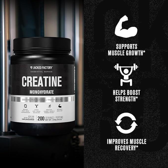 Jacked Factory Creatine Monohydrate Powder 1000g - 5g Daily Creatine Supplement for Men and Women, Vegan-Friendly, Third-Party Tested - 200 Servings, Unflavored