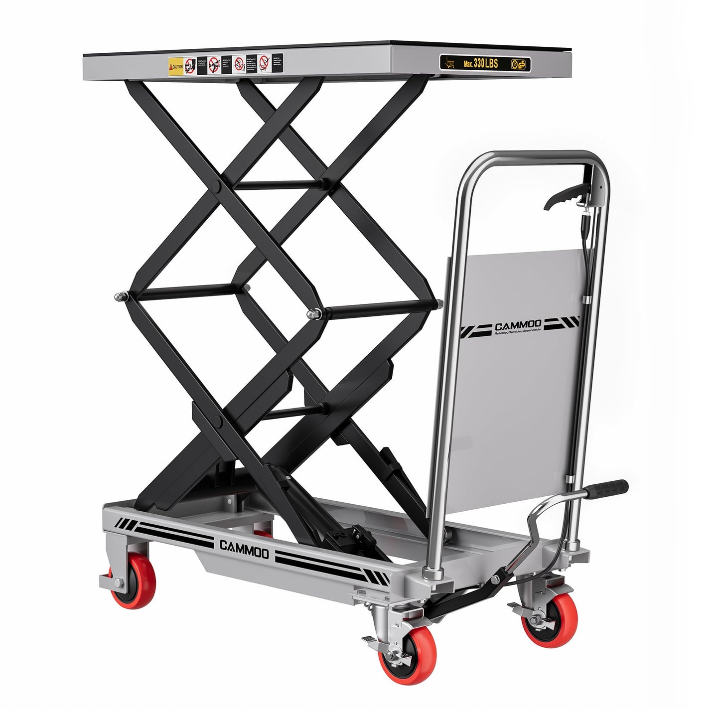 CAMMOO Hydraulic Lift Table Cart, 330lbs Capacity 49.6" Lifting Height, Double Scissor Lift Table with Non-Slip Pad & Safety Guard for Material Handling & Transportation, Gray