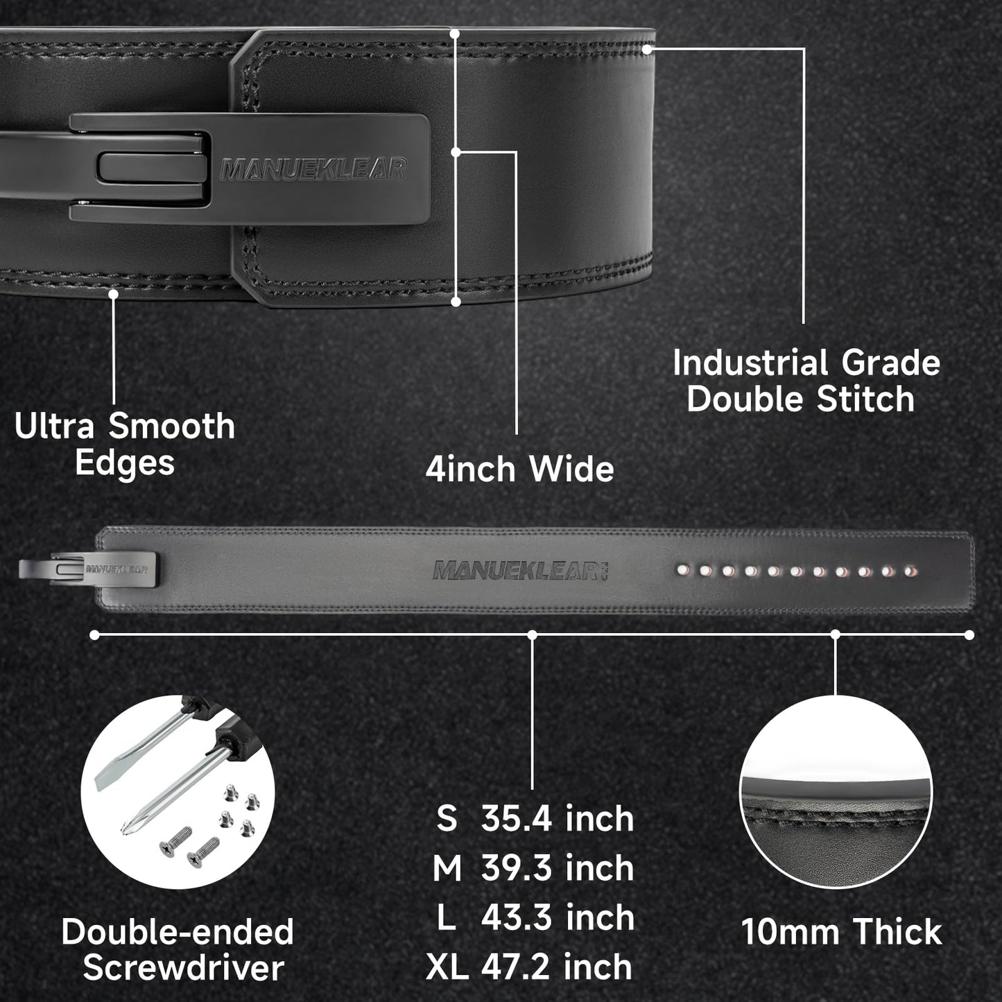 MANUEKLEAR 10mm Thick & 4inch Wide Weight Lifting Belt Lever, Lever Belt Weightlifting for Men and Women, Powerlifting Lever Gym Belt for Squat Deadlift Workout (Black, M(29-35inches))